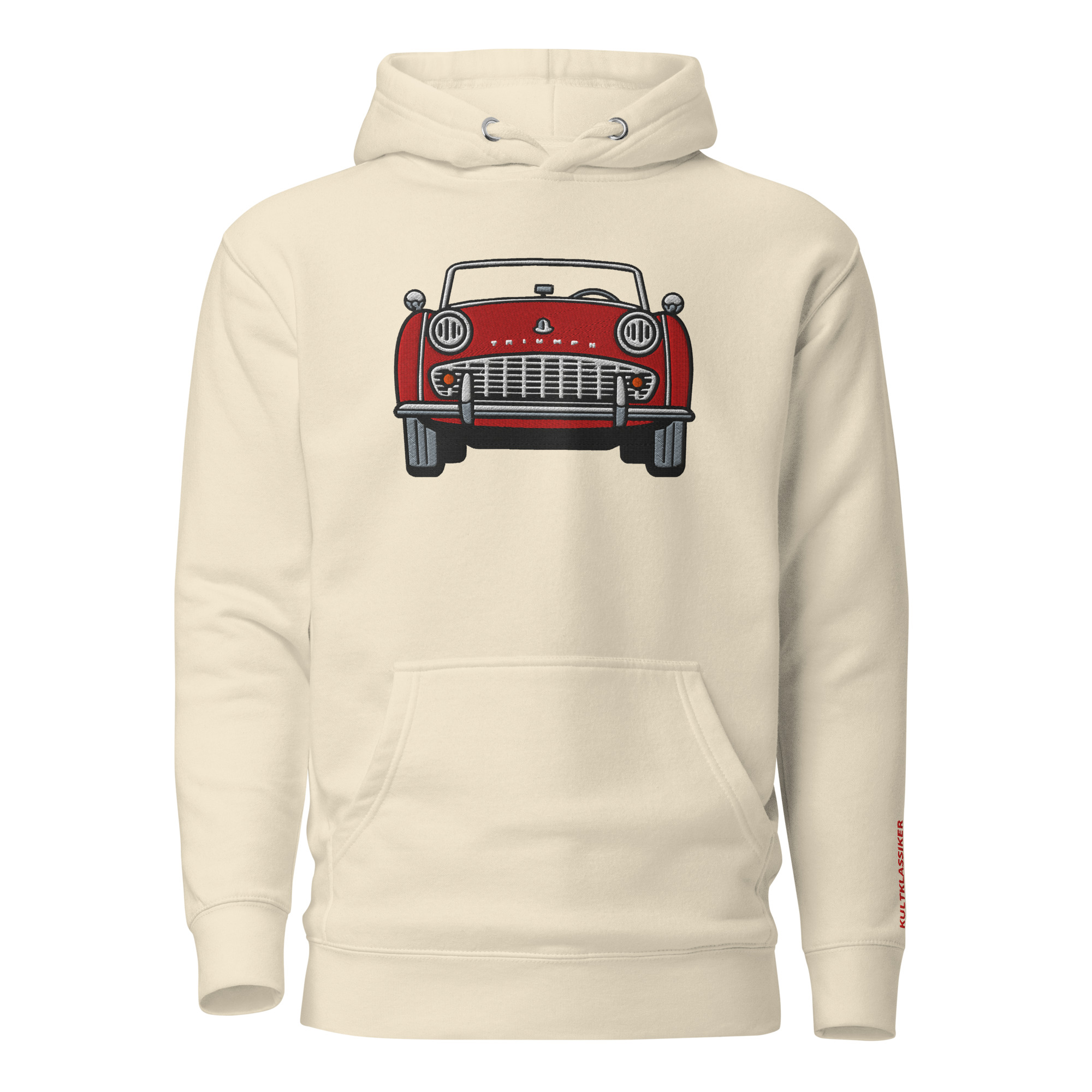 Streng limitiertes Hoodie, nur 50 Exemplare, Triumph TR3A Front, Rot, Vorderseite und Ärmel edel bestickt – Bild 15