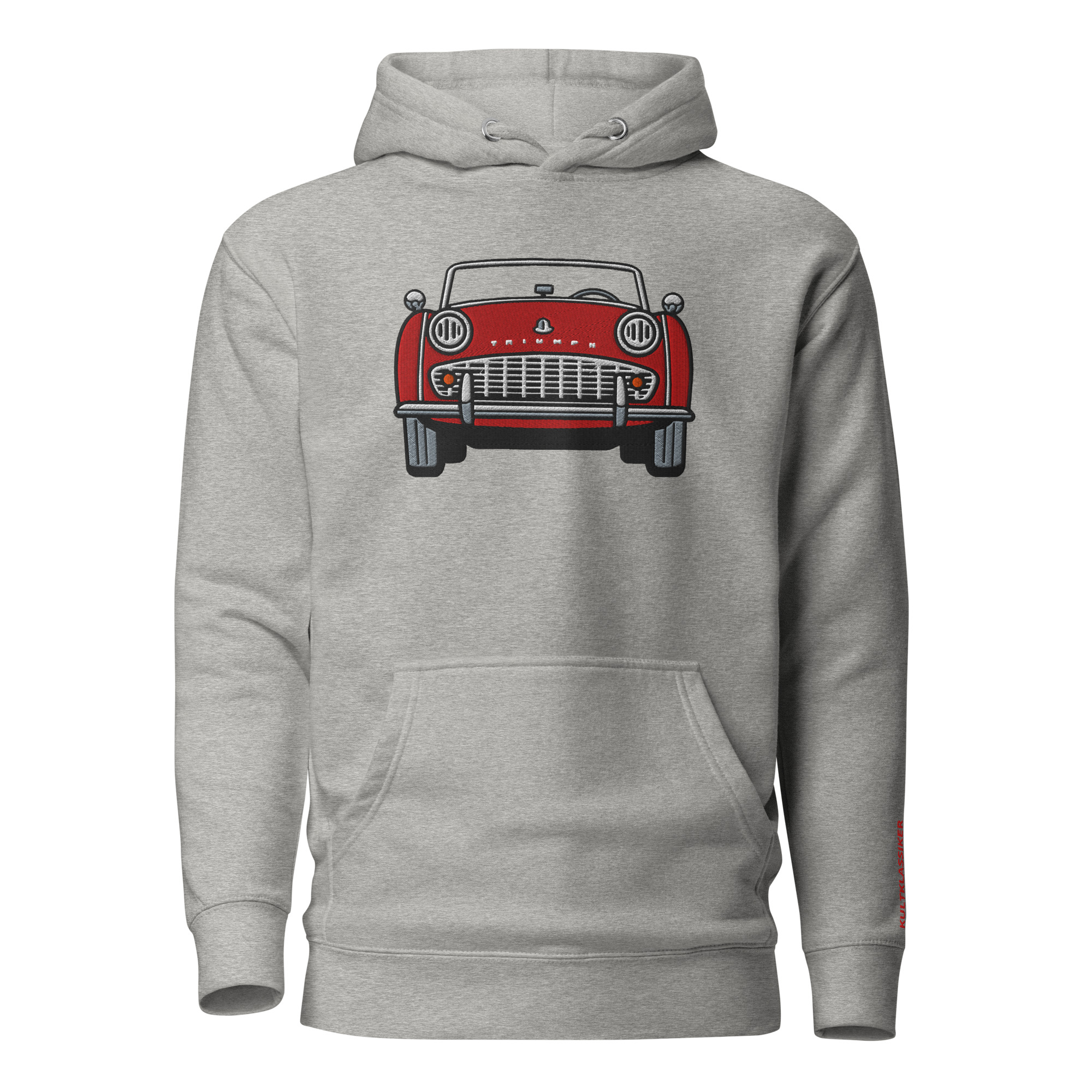 Streng limitiertes Hoodie, nur 50 Exemplare, Triumph TR3A Front, Rot, Vorderseite und Ärmel edel bestickt – Bild 11
