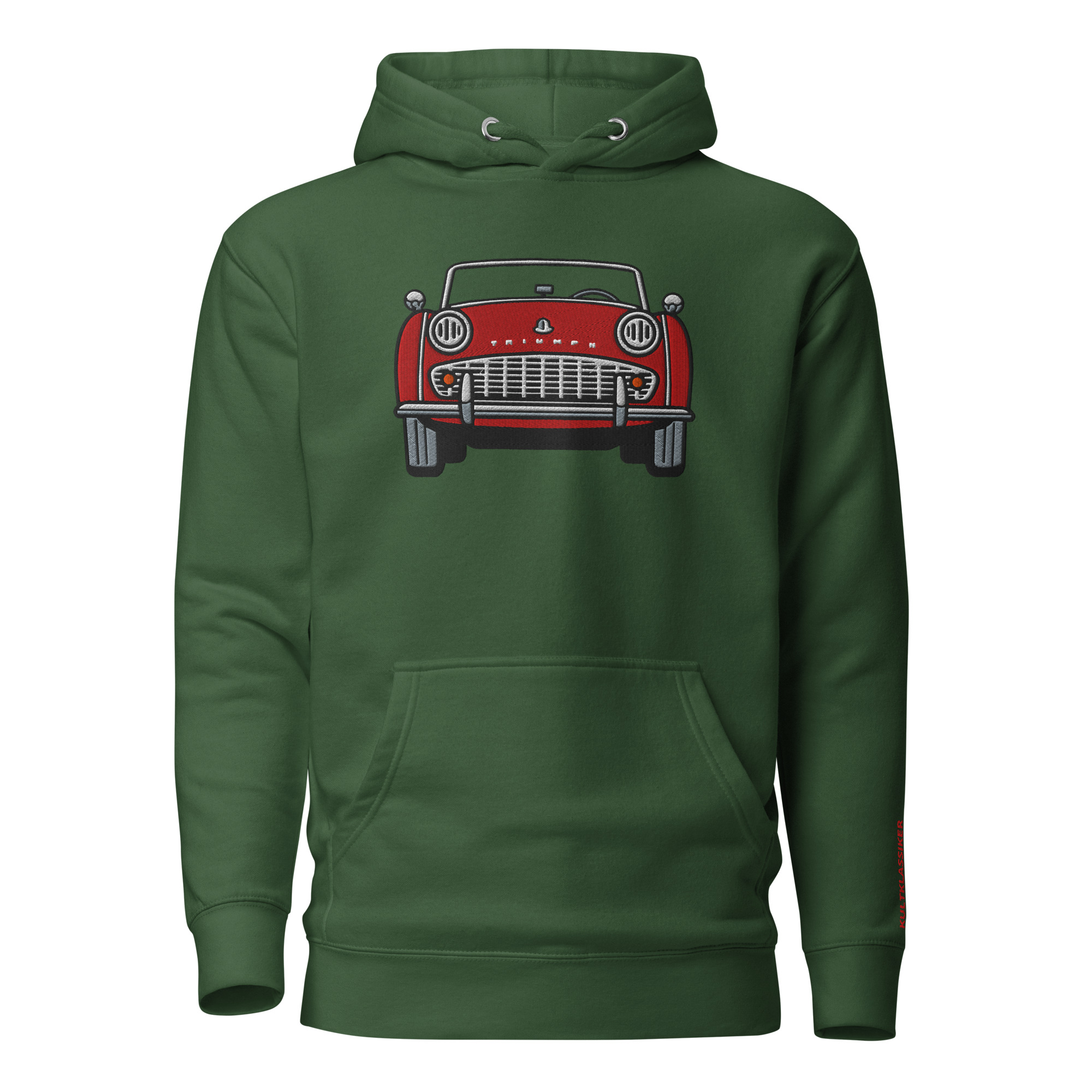 Streng limitiertes Hoodie, nur 50 Exemplare, Triumph TR3A Front, Rot, Vorderseite und Ärmel edel bestickt