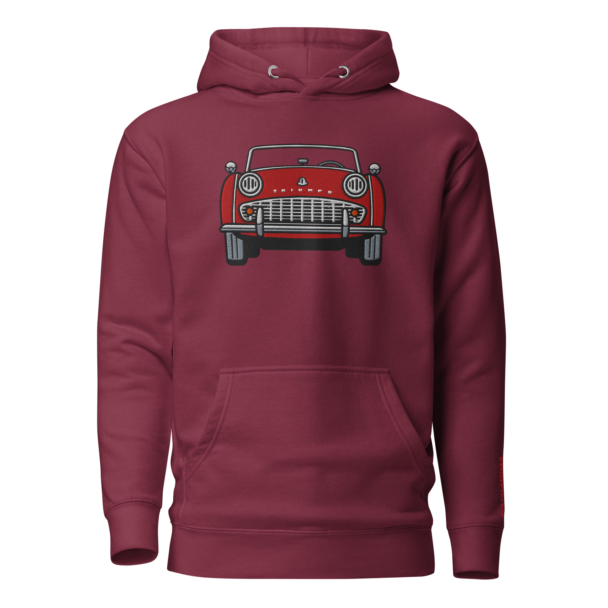 Streng limitiertes Hoodie, nur 50 Exemplare, Triumph TR3A Front, Rot, Vorderseite und Ärmel edel bestickt – Bild 5