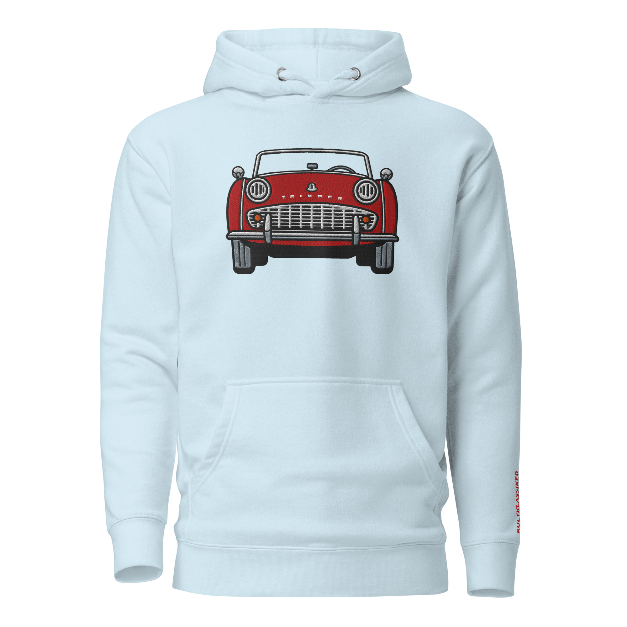 Streng limitiertes Hoodie, nur 50 Exemplare, Triumph TR3A Front, Rot, Vorderseite und Ärmel edel bestickt – Bild 14