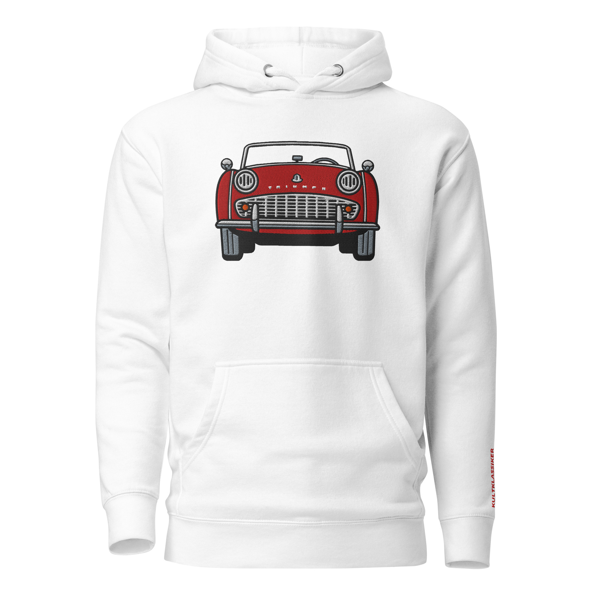 Streng limitiertes Hoodie, nur 50 Exemplare, Triumph TR3A Front, Rot, Vorderseite und Ärmel edel bestickt – Bild 16