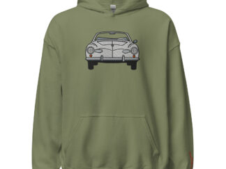 Streng limitiertes Hoodie, nur 50 Exemplare, Karmann Ghia Typ 14, Frontansicht, Weiß, Vorderseite und Ärmel edel bestickt
