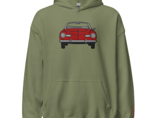 Streng limitiertes Hoodie, nur 50 Exemplare, Karmann Ghia Typ 14, Frontansicht, Rot, Vorderseite und Ärmel edel bestickt