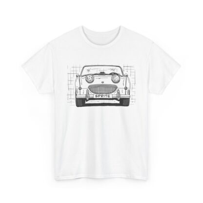 T-Shirt, Austin-Healey Sprite Mk1, Frogeye, Strichzeichnung, Weiß, personalisierbar mit Kennzeichen – Bild 2