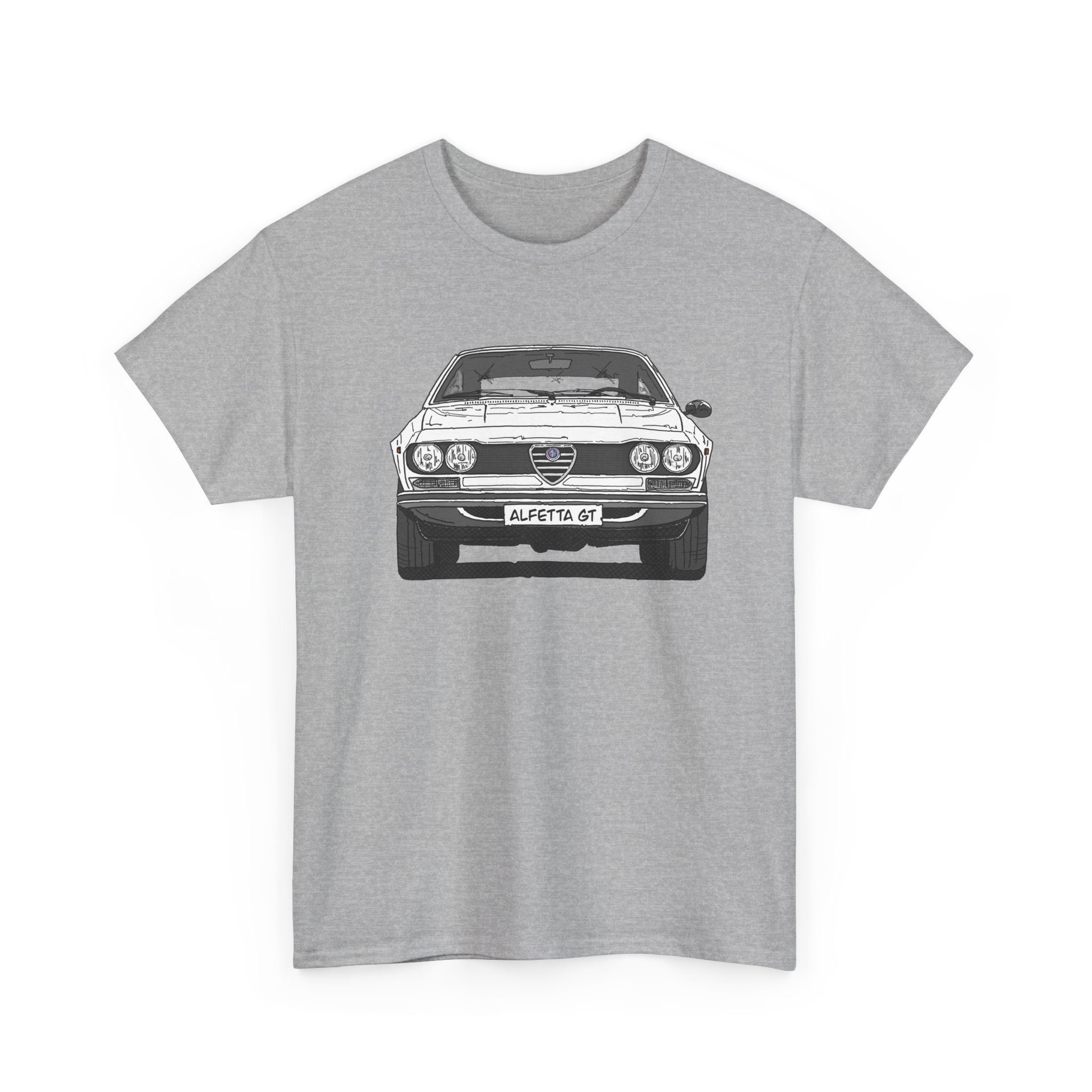 T-Shirt, Alfetta GT, Strichzeichnung, Weiß, mit Kennzeichen personalisierbar