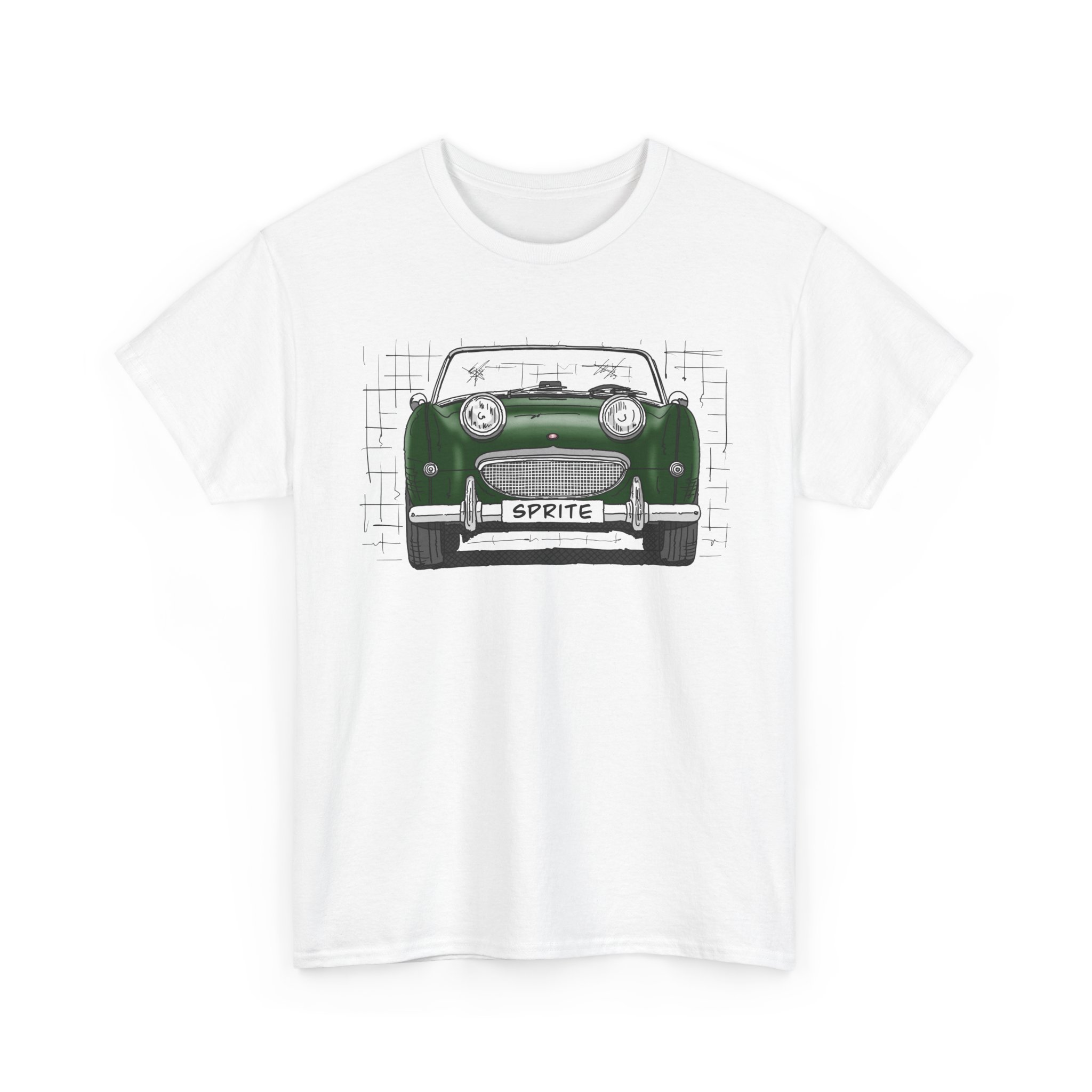 T-Shirt, Austin-Healey Sprite Mk1, Frogeye, Strichzeichnung, BRG, personalisierbar mit Kennzeichen – Bild 2