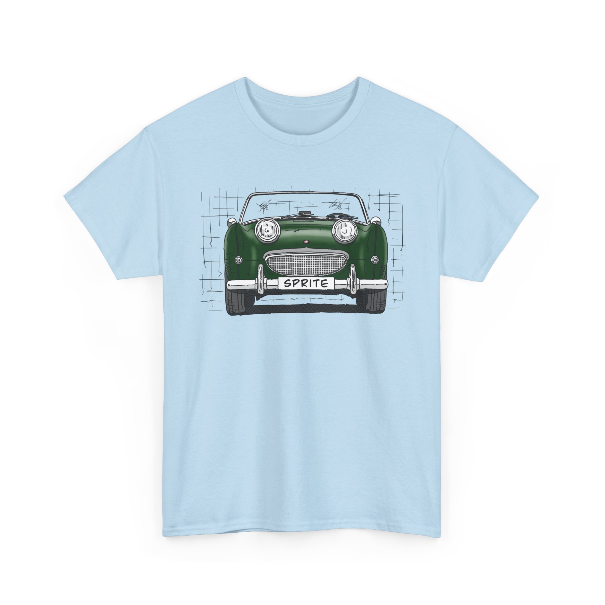 T-Shirt, Austin-Healey Sprite Mk1, Frogeye, Strichzeichnung, BRG, personalisierbar mit Kennzeichen – Bild 8