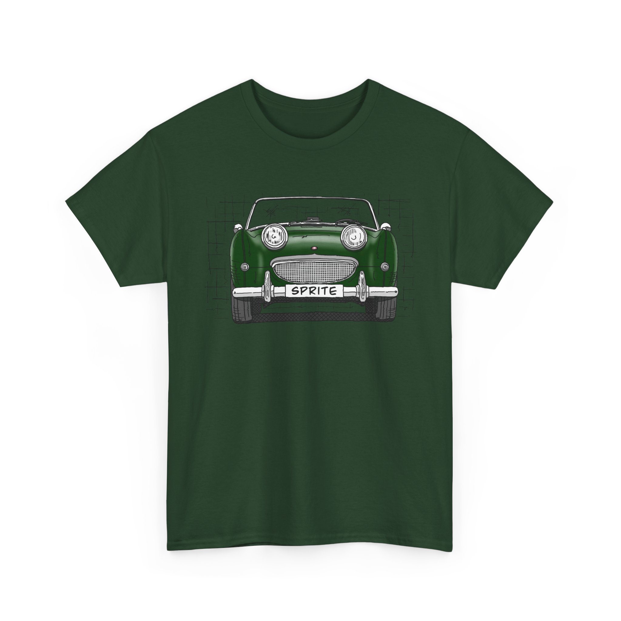 T-Shirt, Austin-Healey Sprite Mk1, Frogeye, Strichzeichnung, BRG, personalisierbar mit Kennzeichen – Bild 6