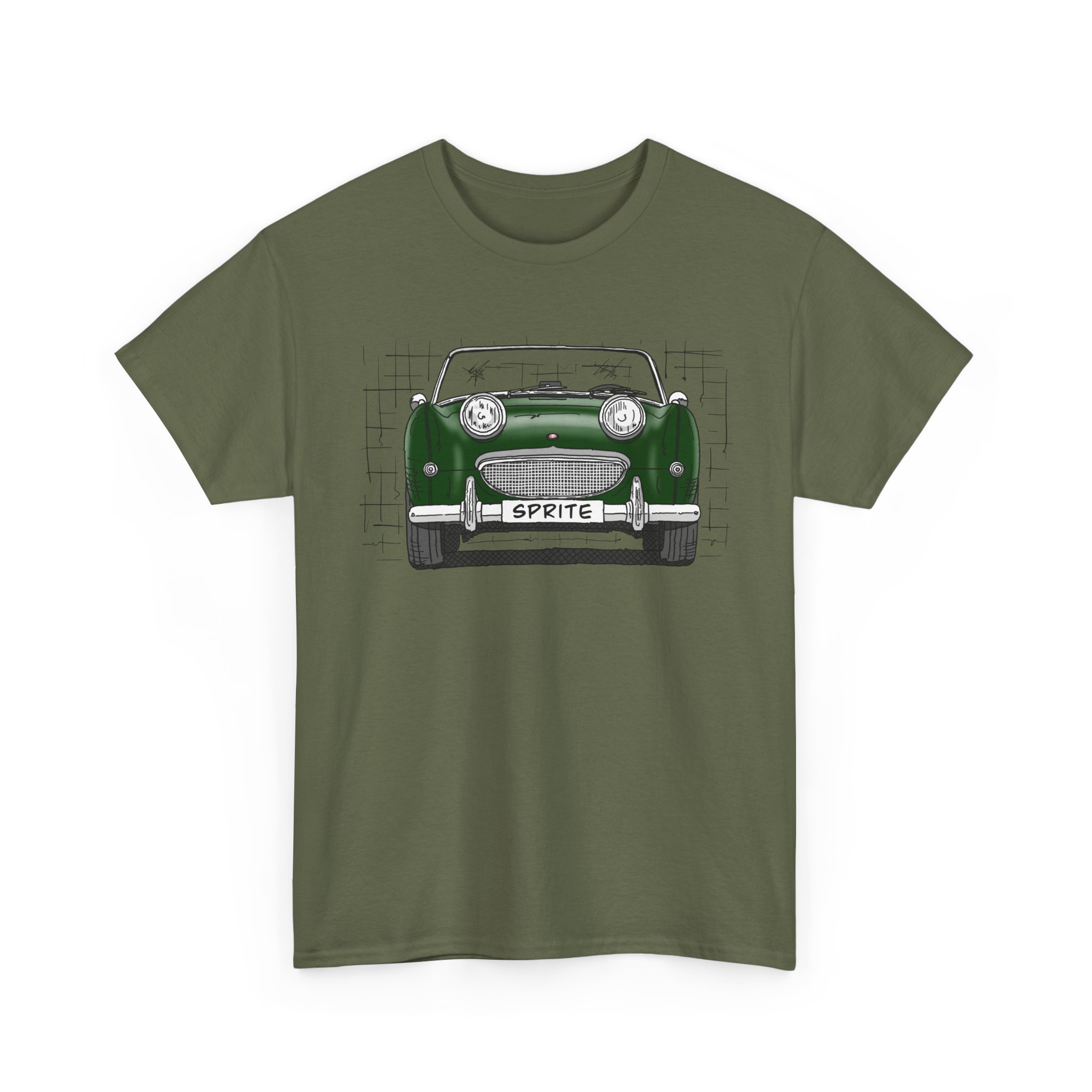 T-Shirt, Austin-Healey Sprite Mk1, Frogeye, Strichzeichnung, BRG, personalisierbar mit Kennzeichen – Bild 5