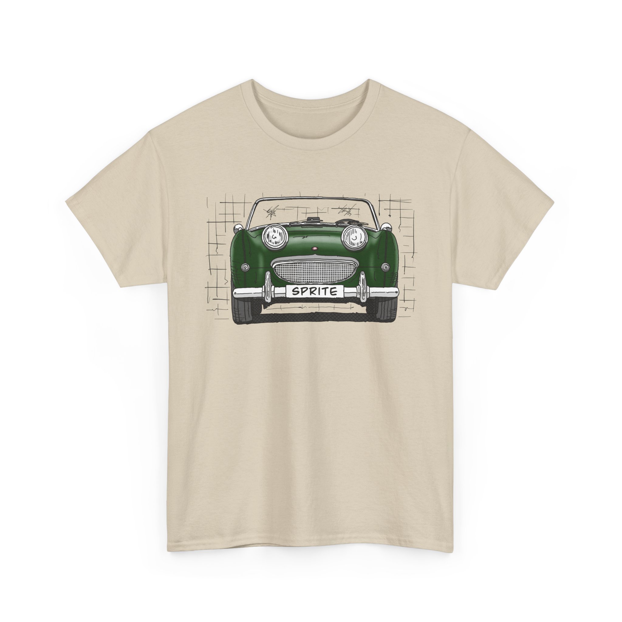 T-Shirt, Austin-Healey Sprite Mk1, Frogeye, Strichzeichnung, BRG, personalisierbar mit Kennzeichen – Bild 4