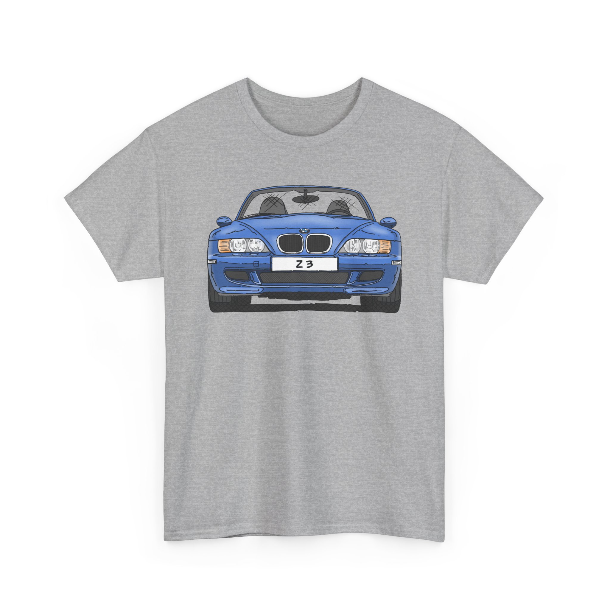 T-Shirt, BMW Z3, Strichzeichnung, Blau, personalisierbar mit Kennzeichen