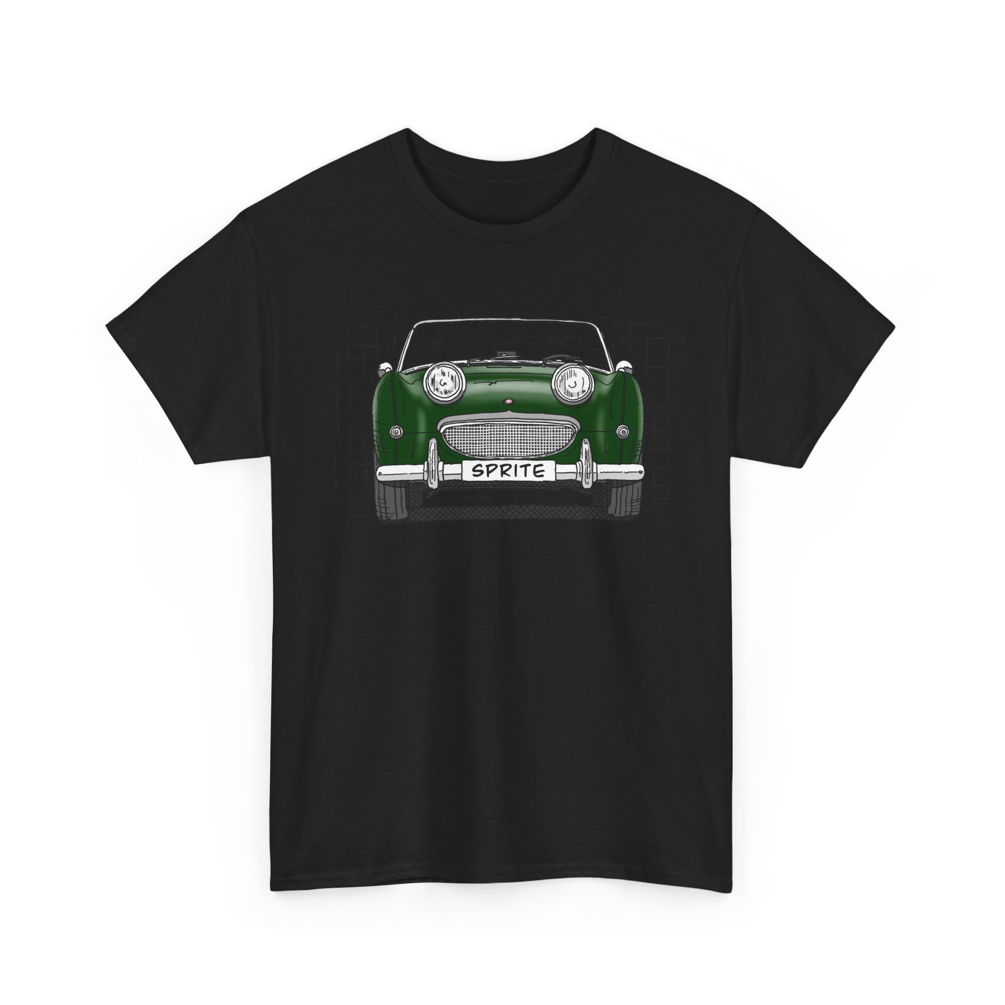 T-Shirt, Austin-Healey Sprite Mk1, Frogeye, Strichzeichnung, BRG, personalisierbar mit Kennzeichen – Bild 3