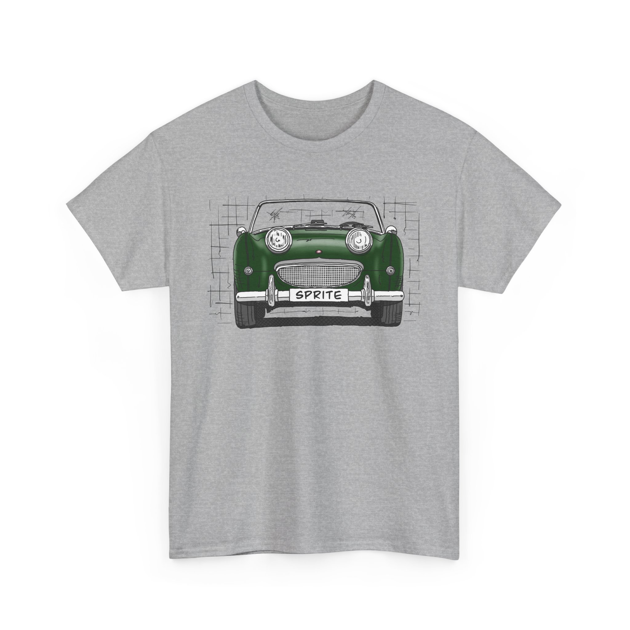 T-Shirt, Austin-Healey Sprite Mk1, Frogeye, Strichzeichnung, BRG, personalisierbar mit Kennzeichen