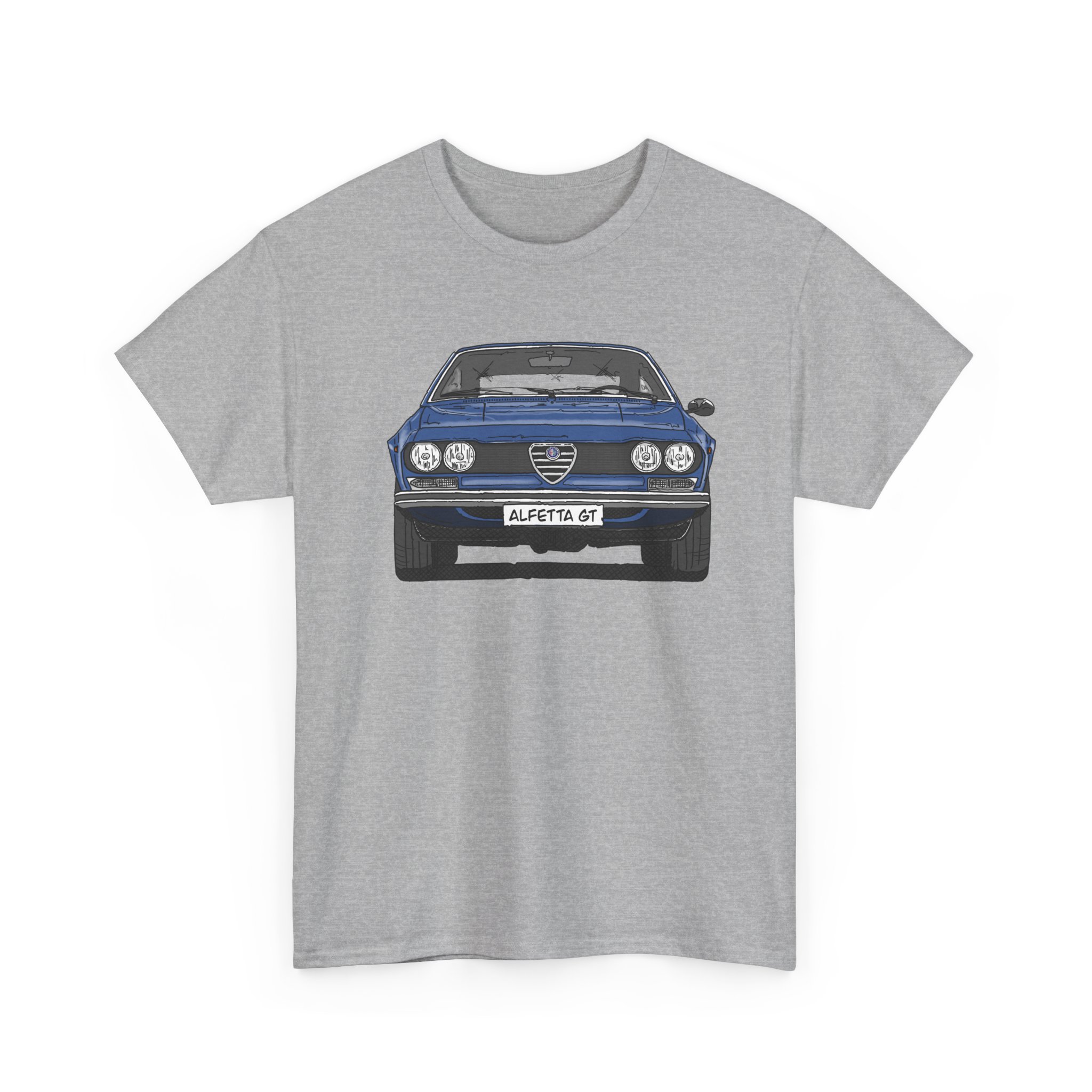 T-Shirt, Alfetta GT, Strichzeichnung, Blau, mit Kennzeichen personalisierbar