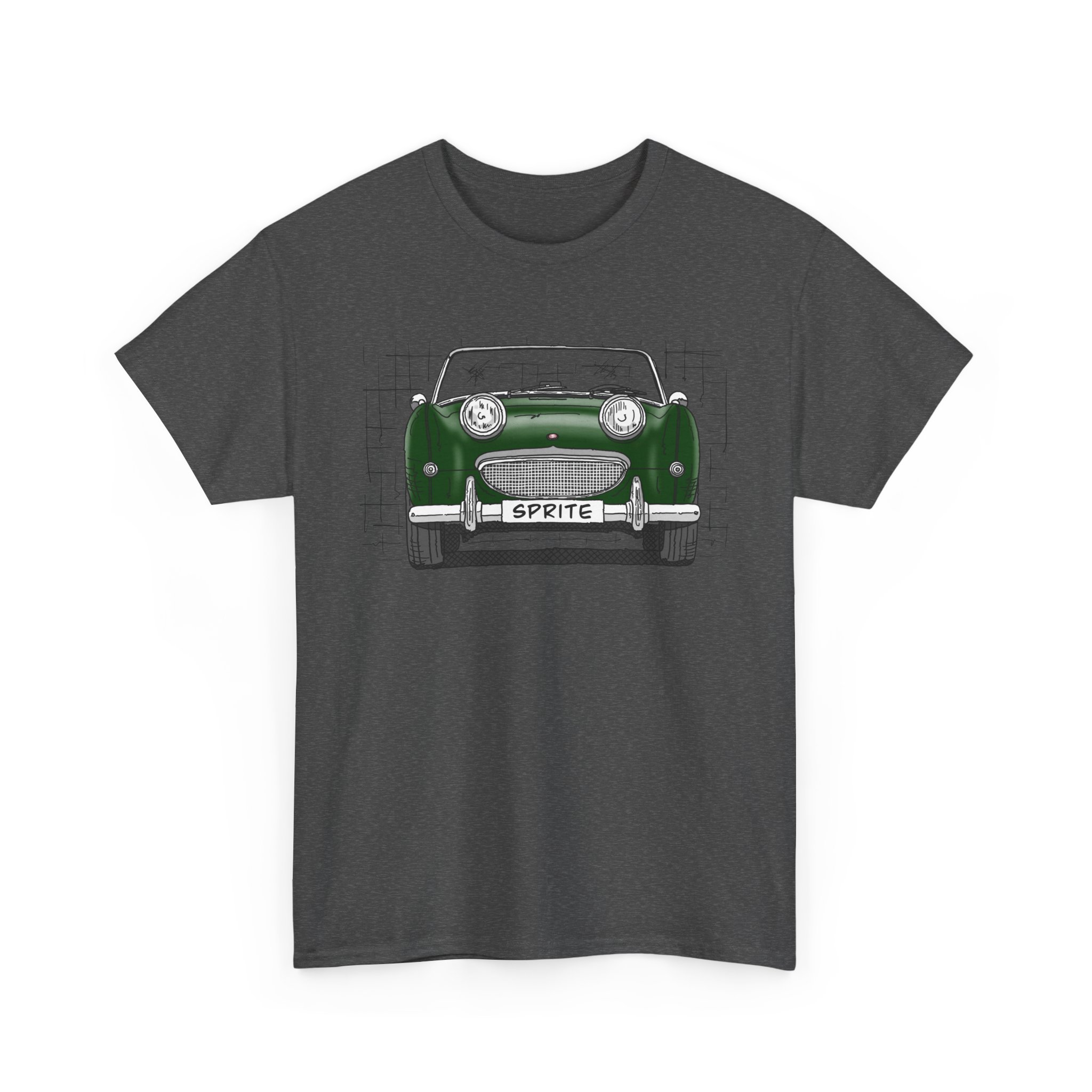 T-Shirt, Austin-Healey Sprite Mk1, Frogeye, Strichzeichnung, BRG, personalisierbar mit Kennzeichen – Bild 7