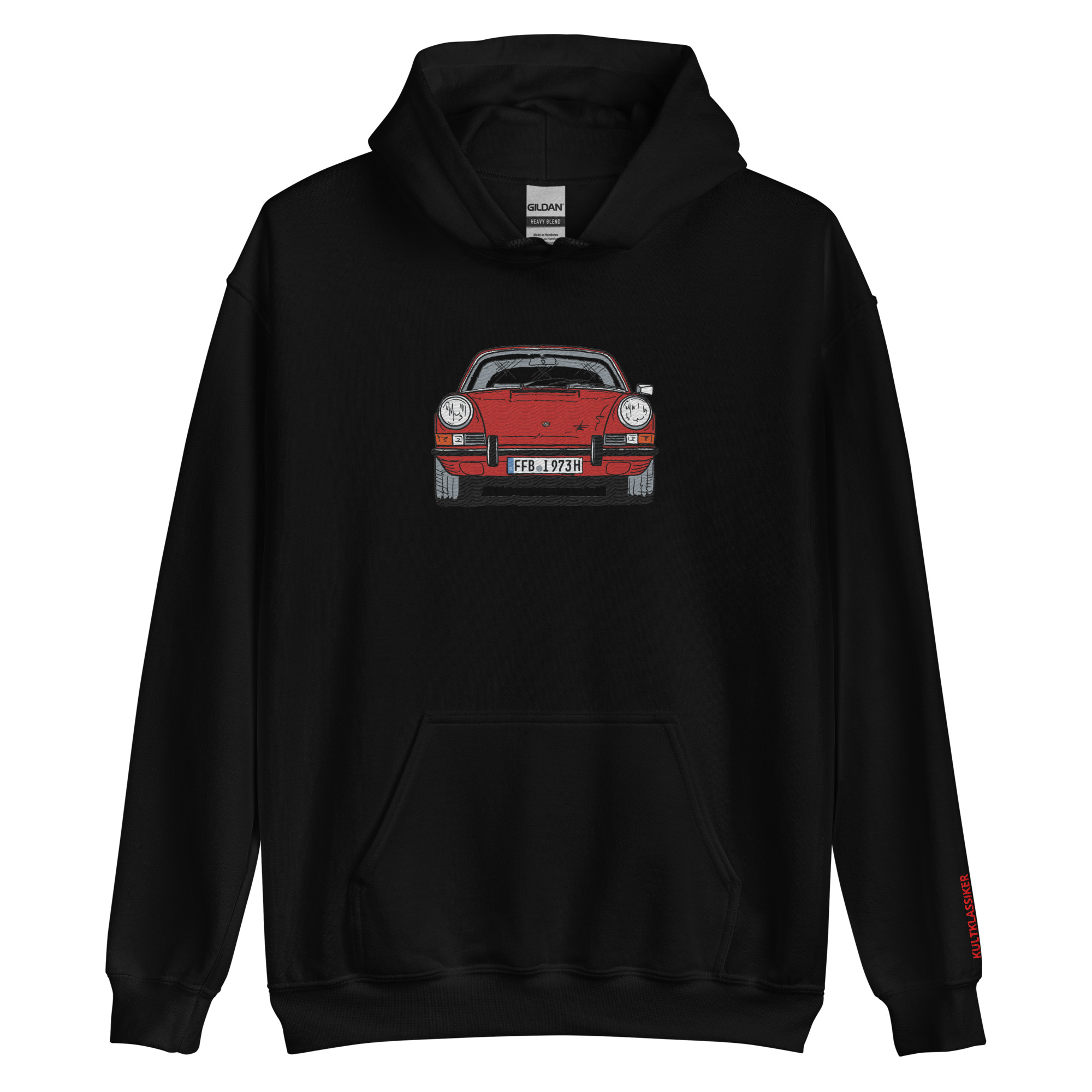 Streng limitiertes Hoodie, nur 50 Exemplare, Porsche 911 Targa, F-Modell, Frontansicht, Rot, Kennzeichen, Vorderseite und Ärmel edel bestickt – Bild 5