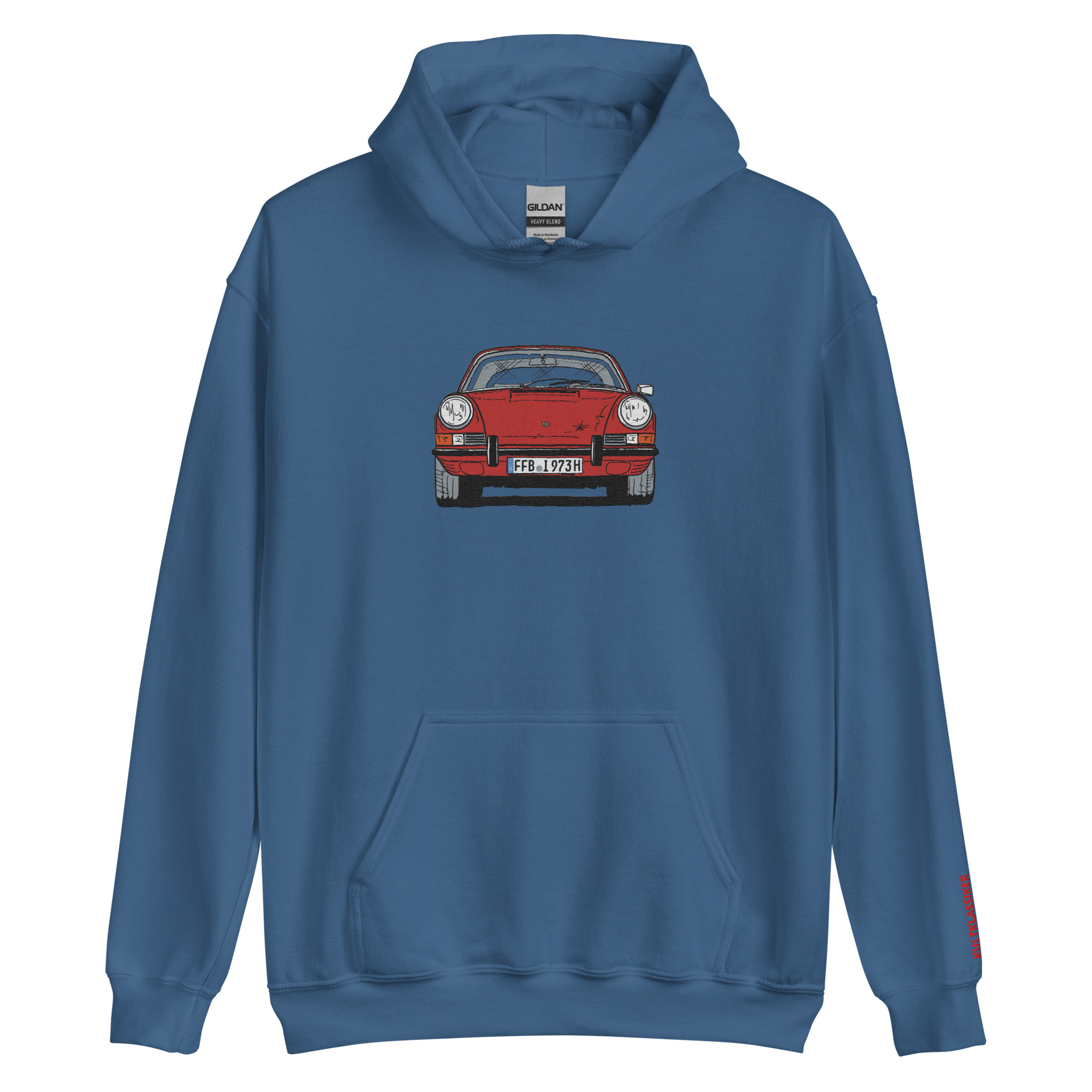 Streng limitiertes Hoodie, nur 50 Exemplare, Porsche 911 Targa, F-Modell, Frontansicht, Rot, Kennzeichen, Vorderseite und Ärmel edel bestickt