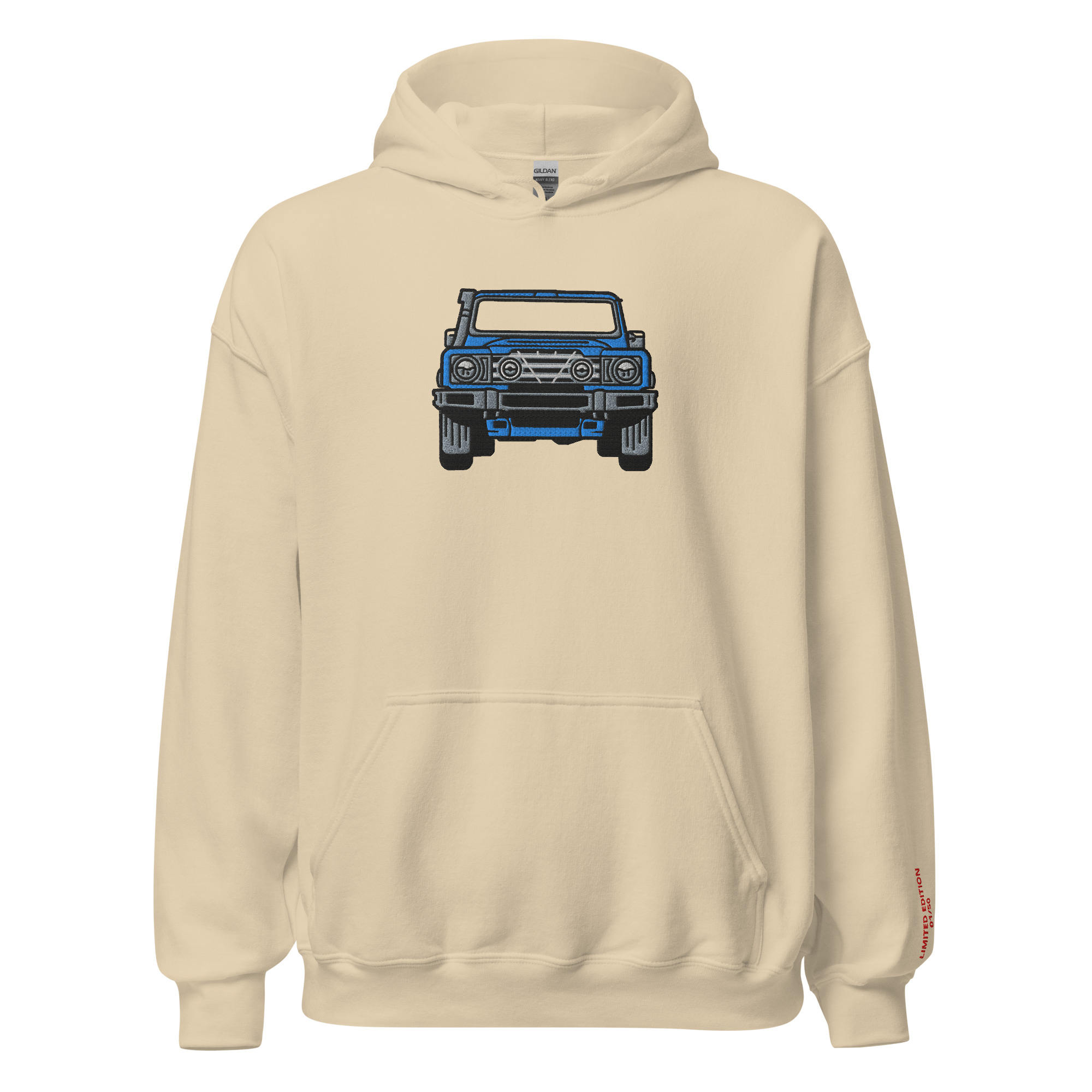 Streng limitiertes Hoodie, nur 50 Exemplare, Ineos Grenadier, Frontansicht, Blau, Vorderseite und Ärmel edel bestickt – Bild 12