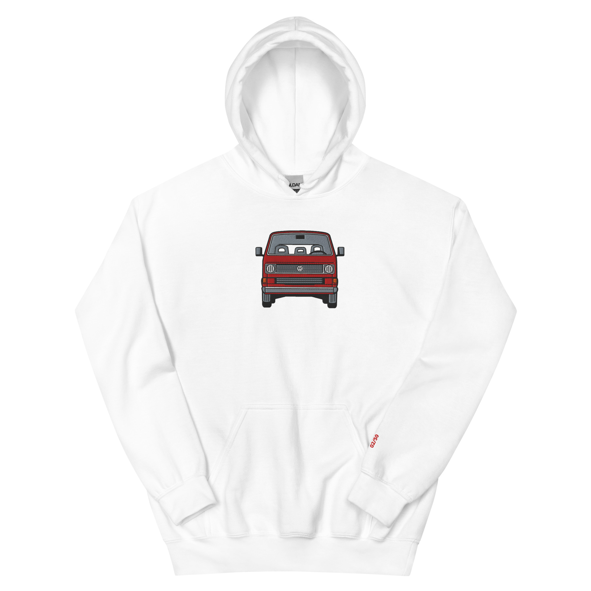 Streng limitiertes Hoodie, nur 50 Exemplare, VW T3, Bulli, Rot, Vorderseite und Ärmel edel bestickt – Bild 4