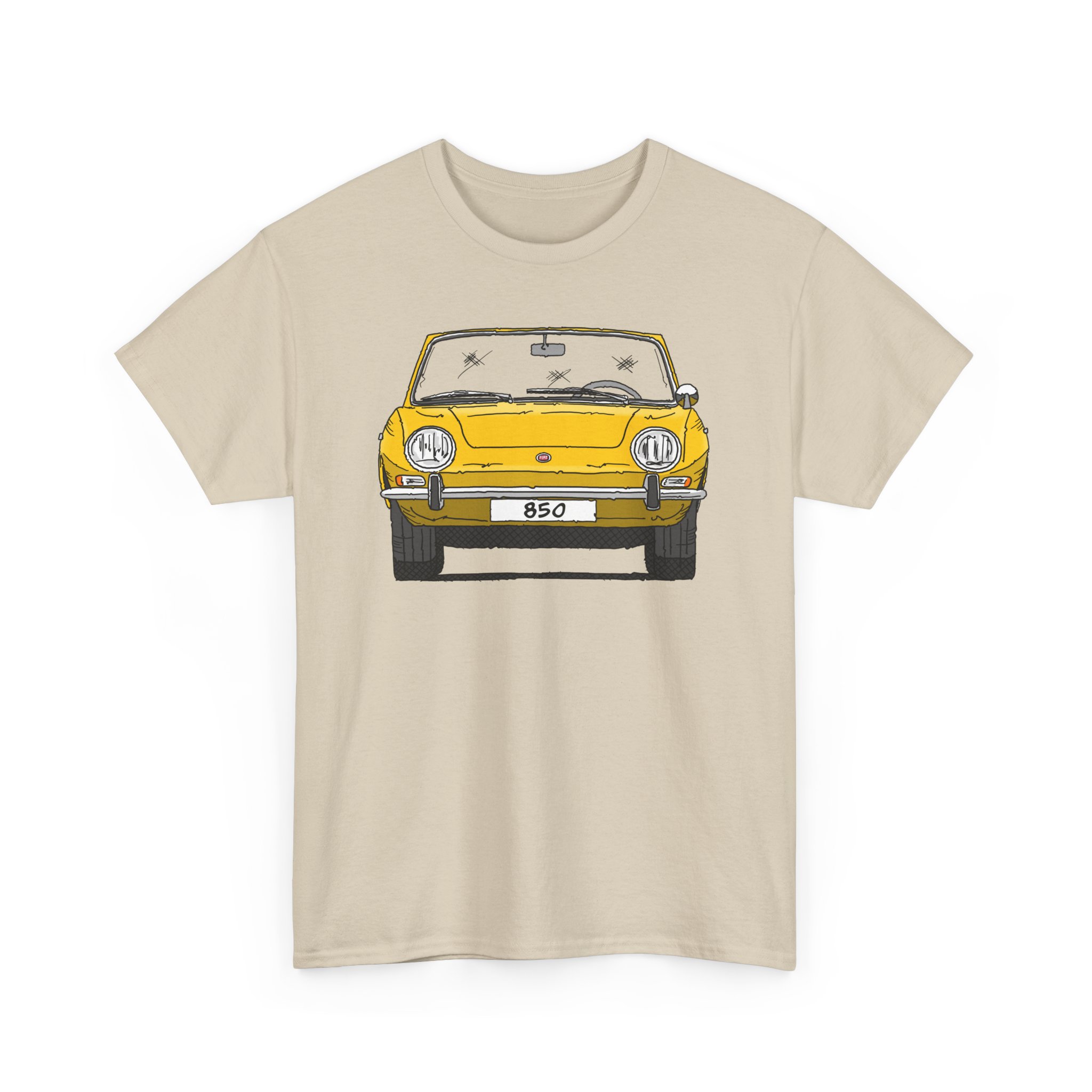 T-Shirt, Fiat 850 Spider, Strichzeichnung, Gelb, eigenes Kennzeichen möglich – Bild 4