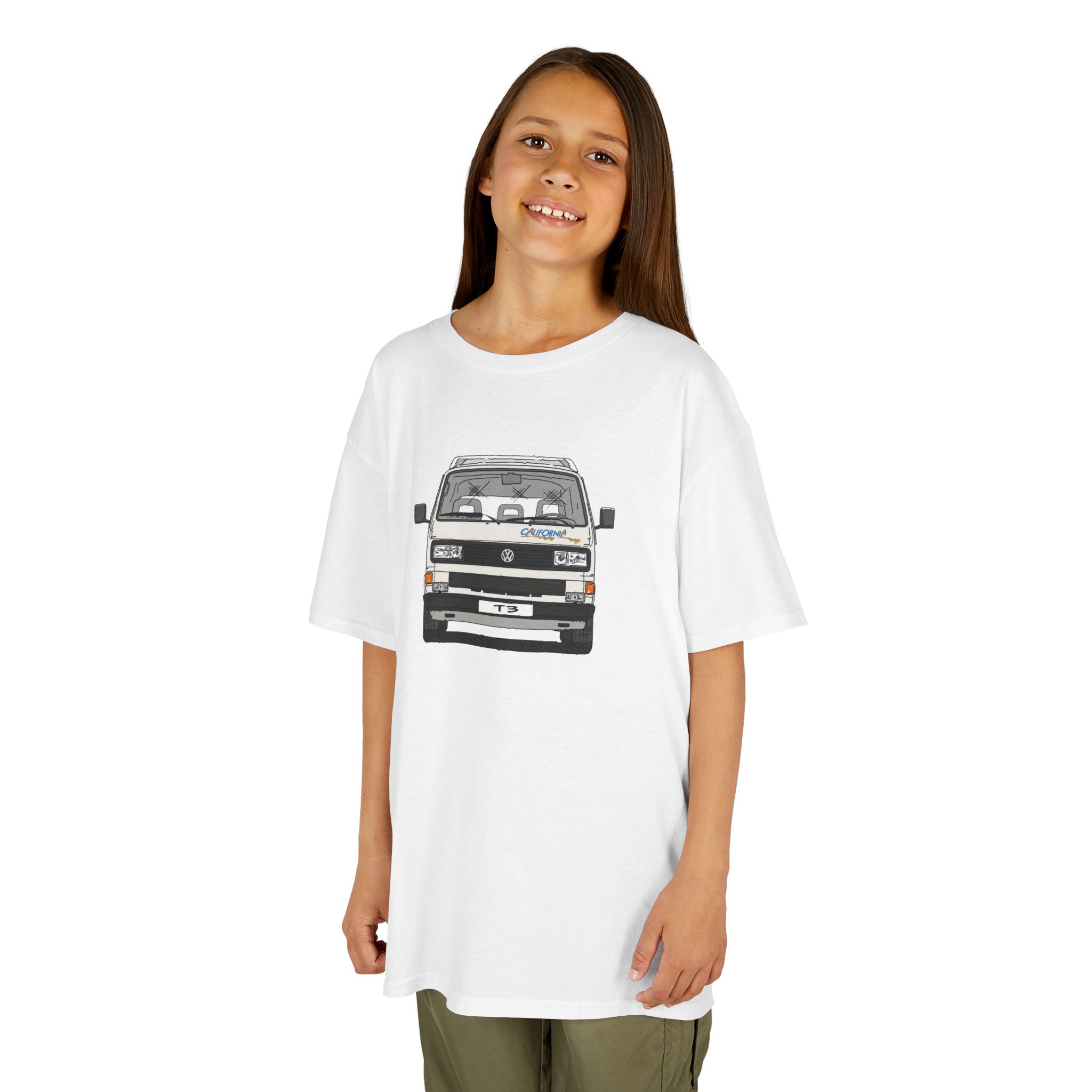 Kinder T-Shirt, VW T3, Bulli, California, Strichzeichnung, Weiß, eigenes Kennzeichen möglich