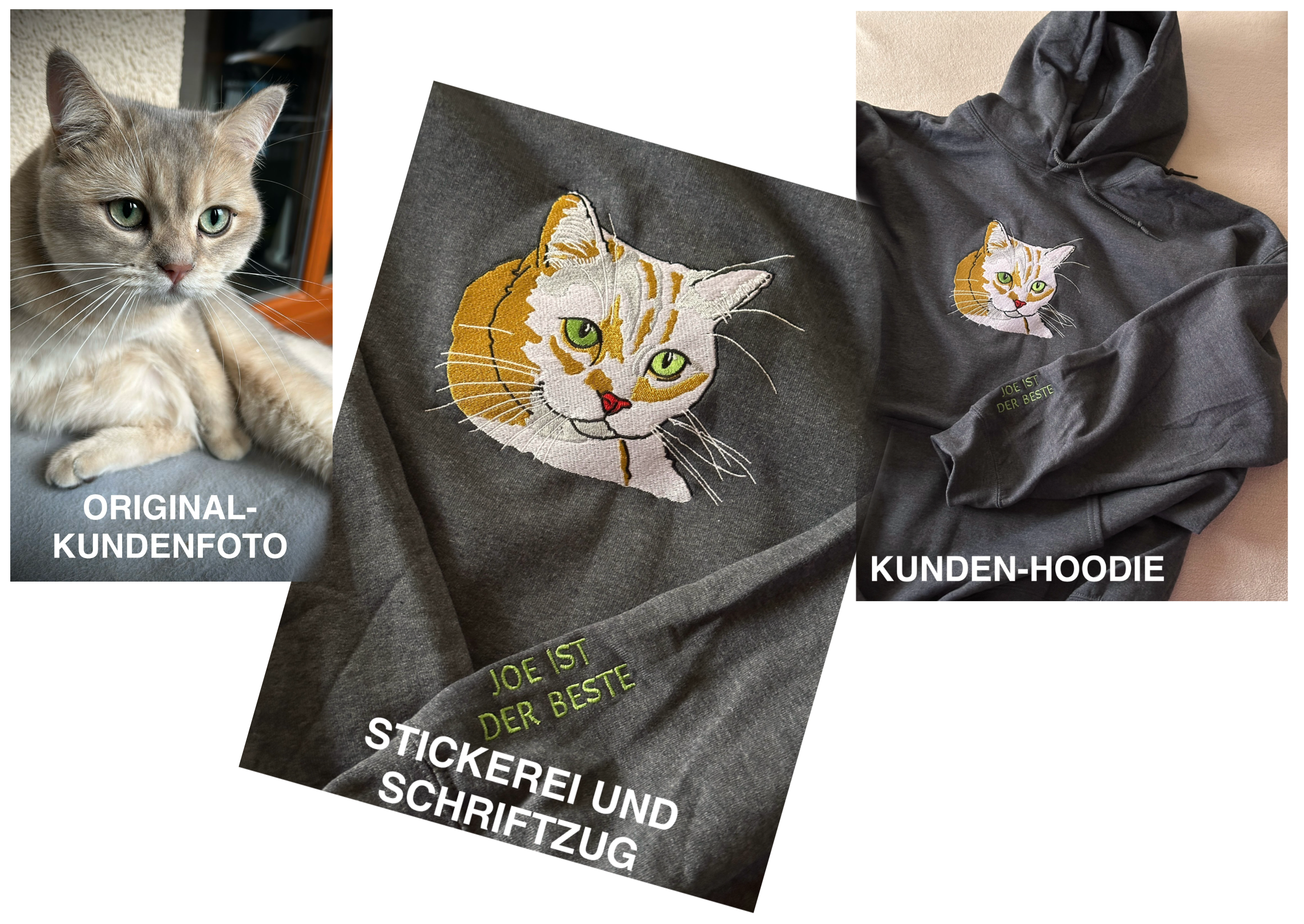 Ihr Liebling als edle Stickerei auf einem hochwertigen Hoodie