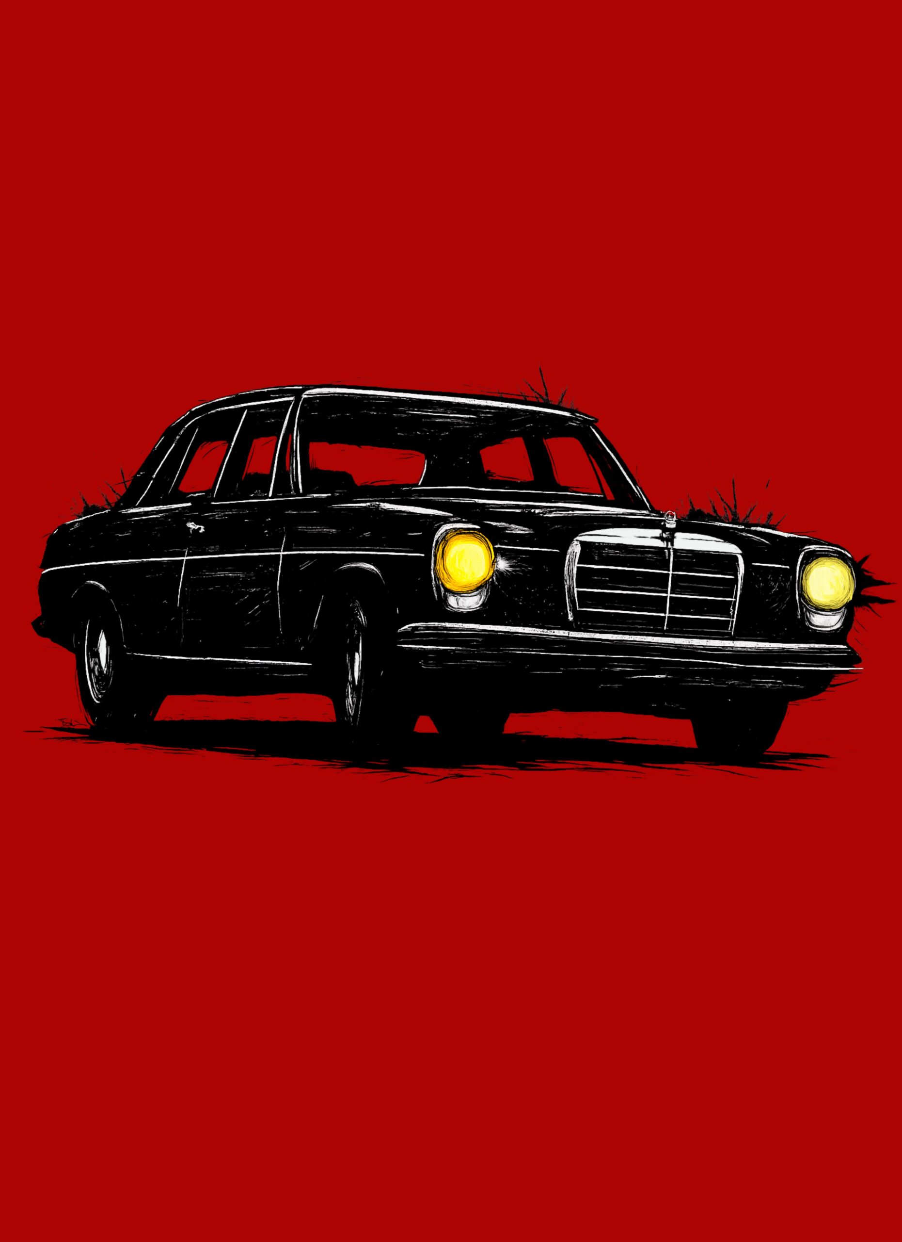 T-Shirt, Mercedes Strich8 W114 W115, Kritzel-Kratzel-Auto, großer feiner Druck – Bild 2