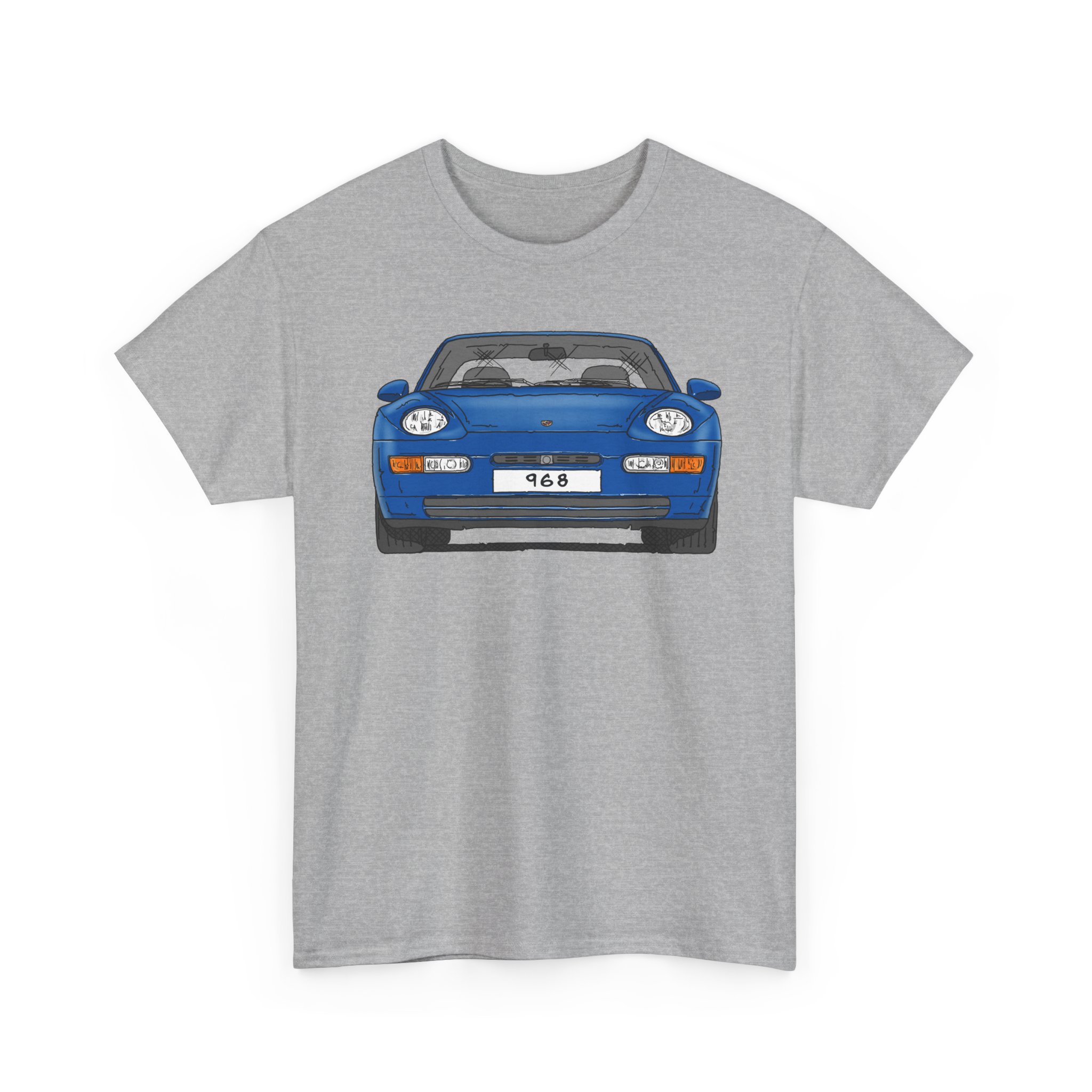 T-Shirt, Porsche 968, Strichzeichnung, Blau, eigenes Kennzeichen möglich