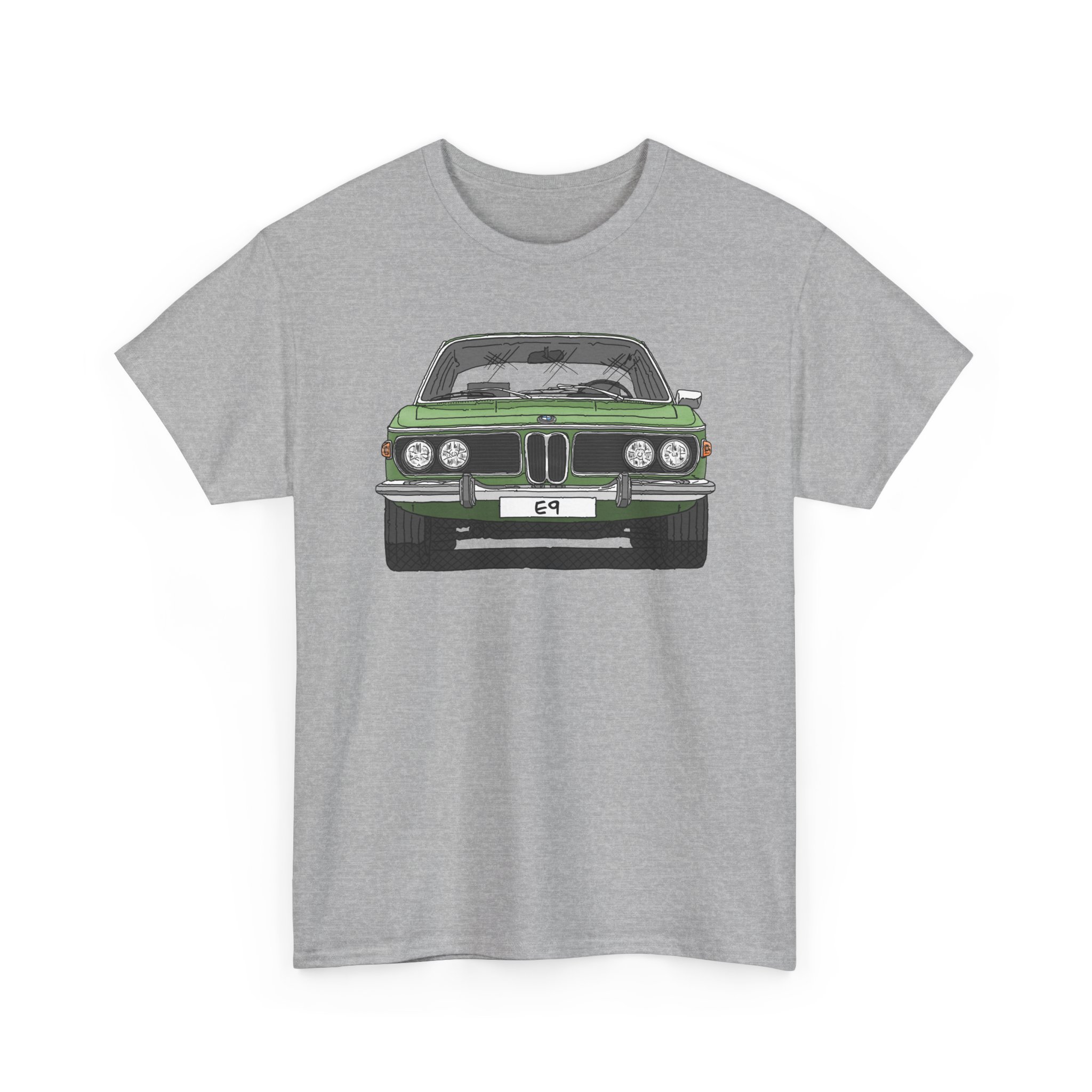 T-Shirt, BMW E9, Strichzeichnung, Hellgrün, eigenes Kennzeichen möglich