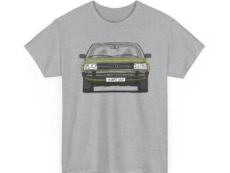 T-Shirt, Audi 100 C2, Strichzeichnung, Manilagrün, 2 Außenspiegel, mit Kennzeichen personalisierbar
