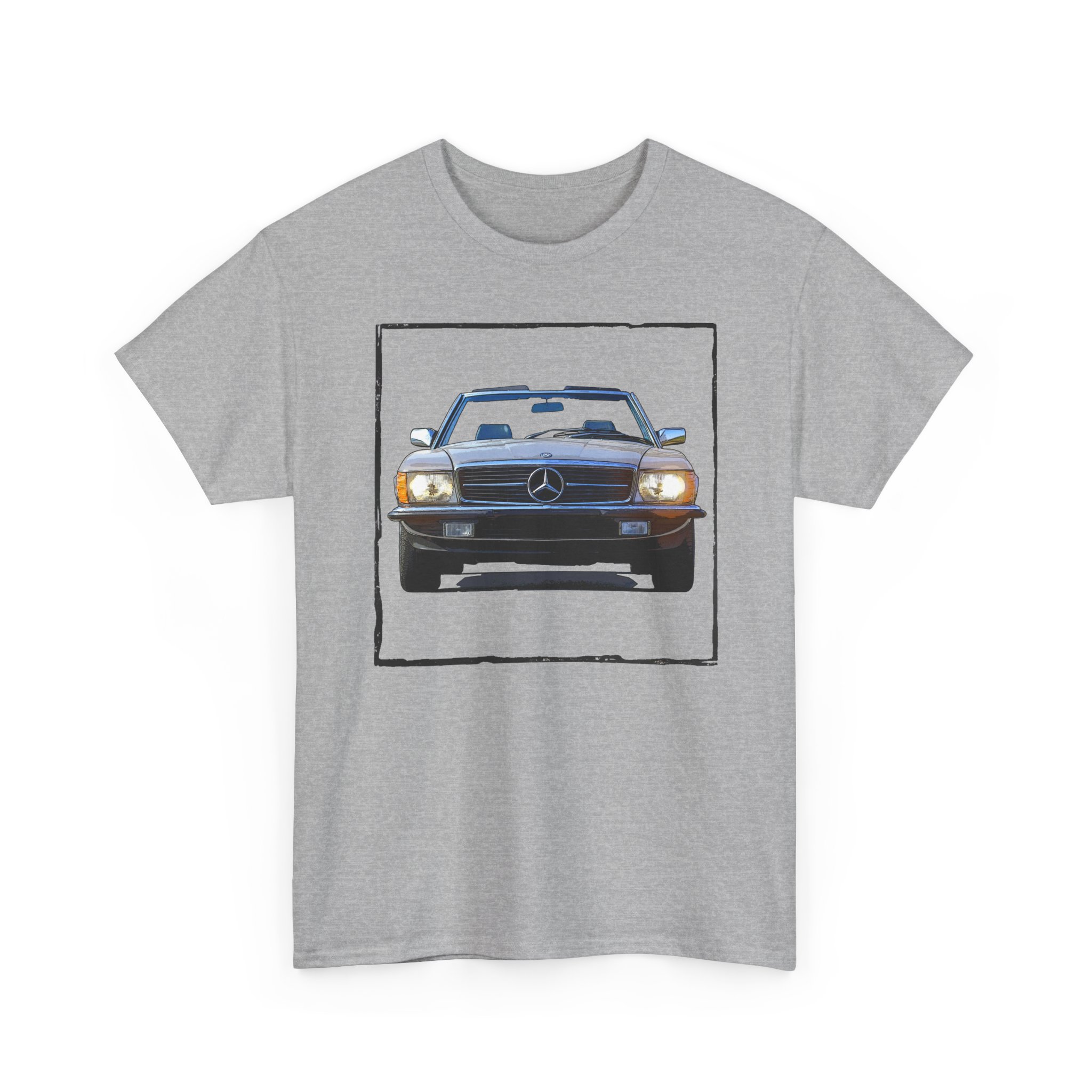 T-Shirt, Mercedes SL R107, Silber - Vorder- und Rückseite bedruckt