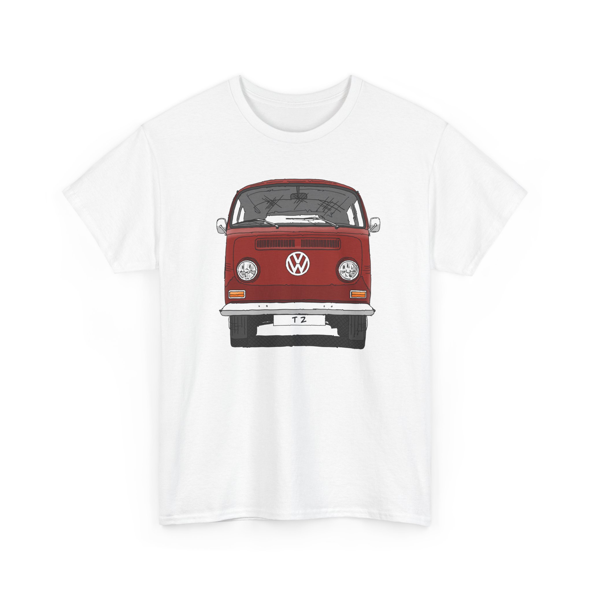 T-Shirt, VW T2, T2a, Bulli, VW Bus, Strichzeichnung, Rot, Wunsch-Kennzeichen möglich – Bild 51