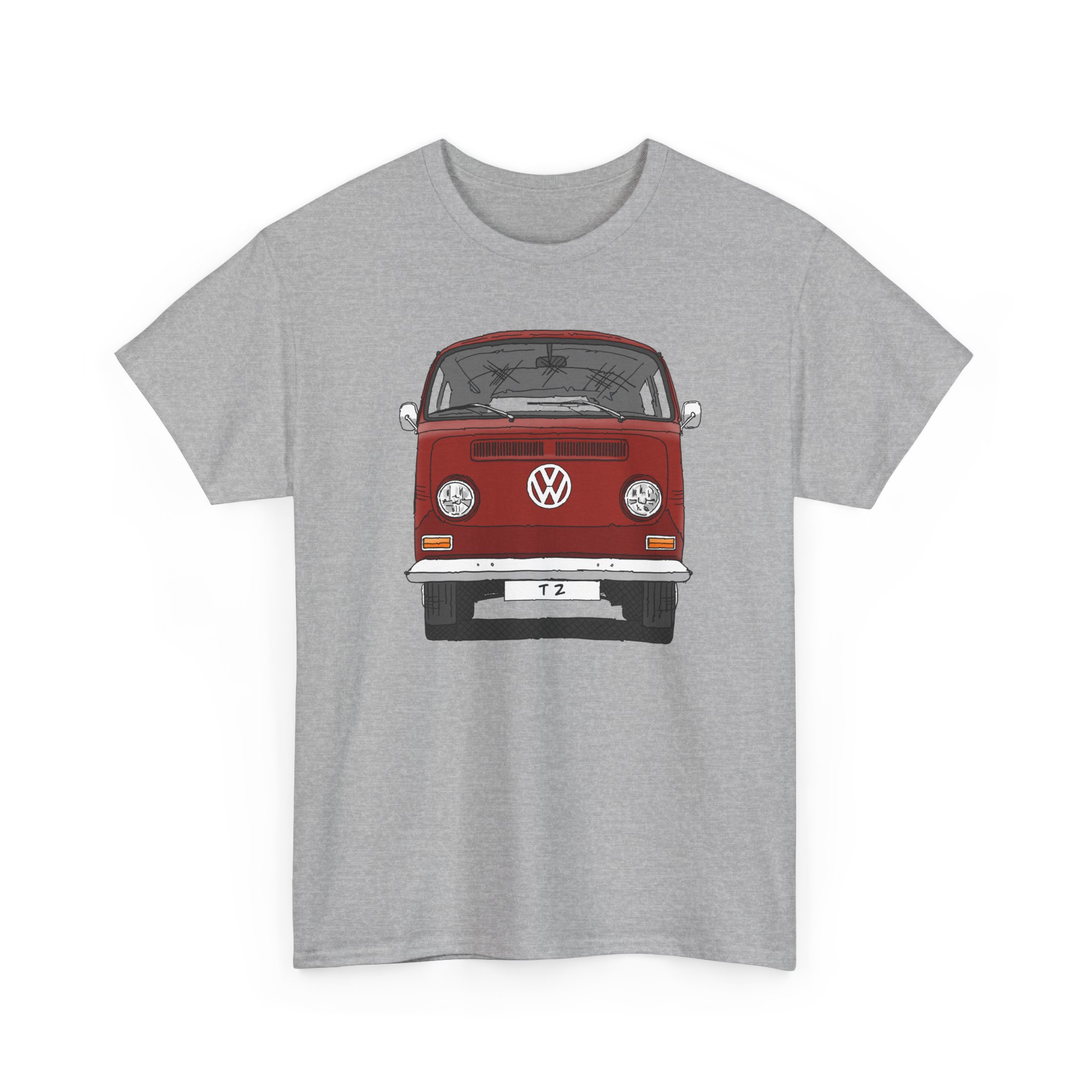 T-Shirt, VW T2, T2a, Bulli, VW Bus, Strichzeichnung, Rot, Wunsch-Kennzeichen möglich