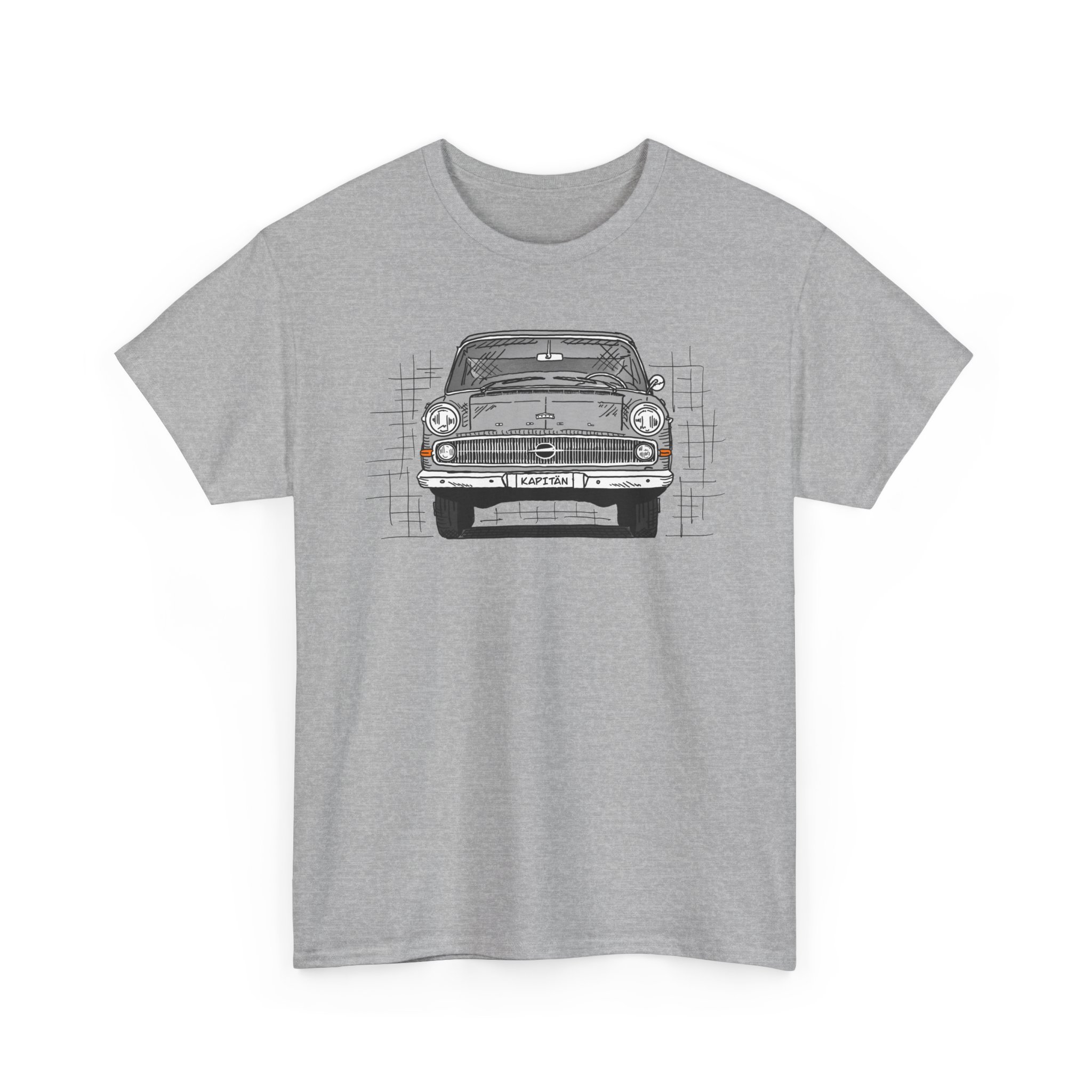 T-Shirt, Opel Kapitän P1, Strichzeichnung, Grau, personalisierbar