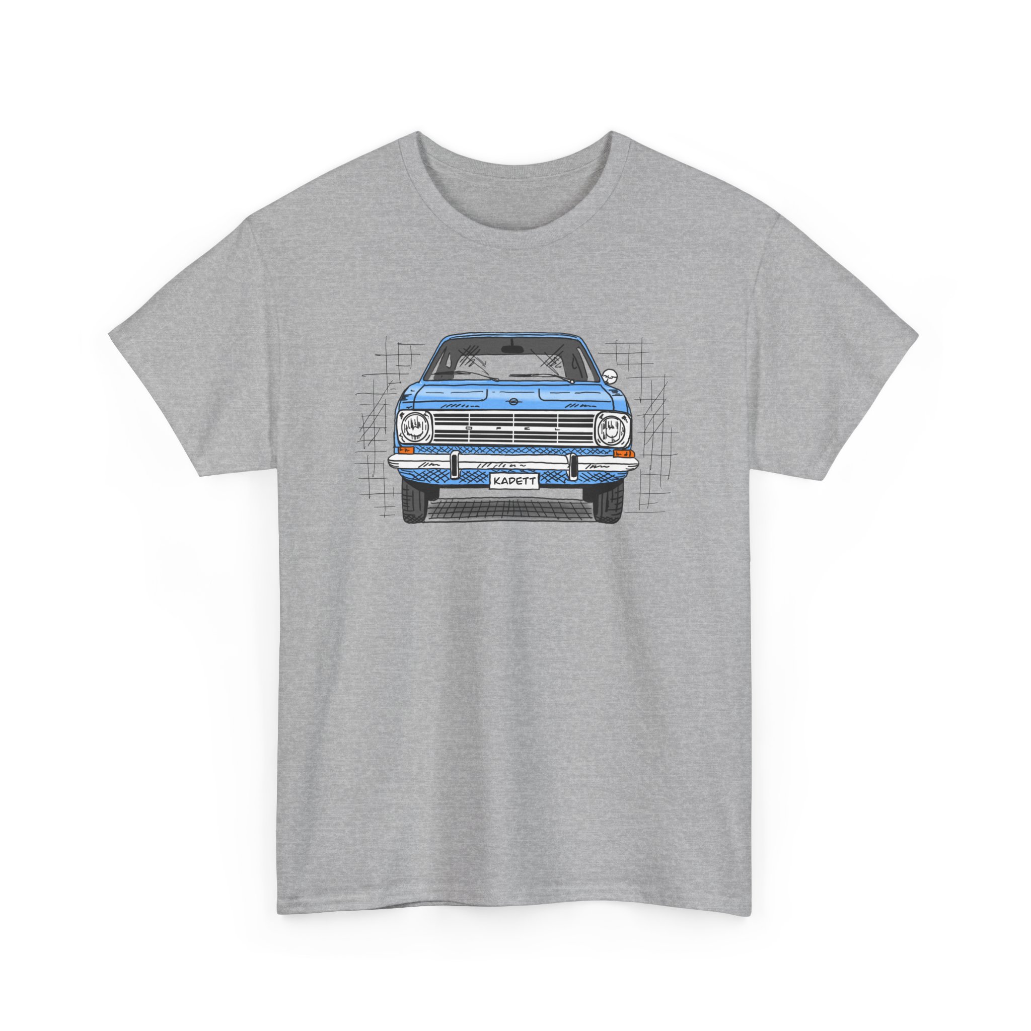T-Shirt, Opel Kadett B, Strichzeichnung, Blau, personalisierbar