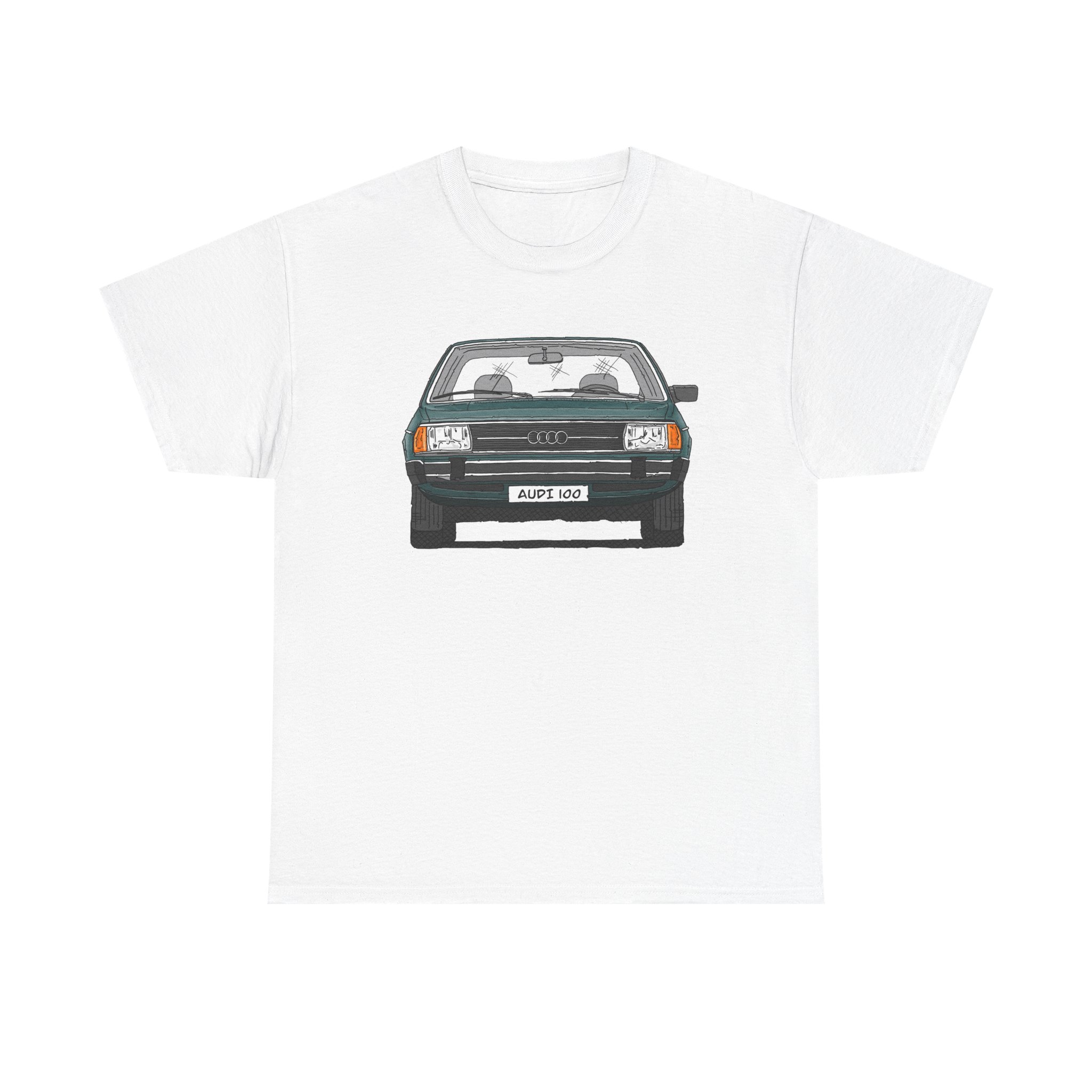 T-Shirt, Audi 100 C2, Strichzeichnung, Dunkelgrün, mit Kennzeichen personalisierbar