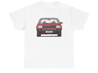 T-Shirt, Audi 100 C2, Strichzeichnung, Rot, mit Kennzeichen personalisierbar