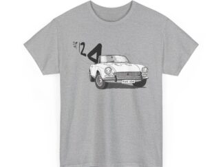T-Shirt, Fiat 124 Spider, Strichzeichnung, Weiß, personalisierbar