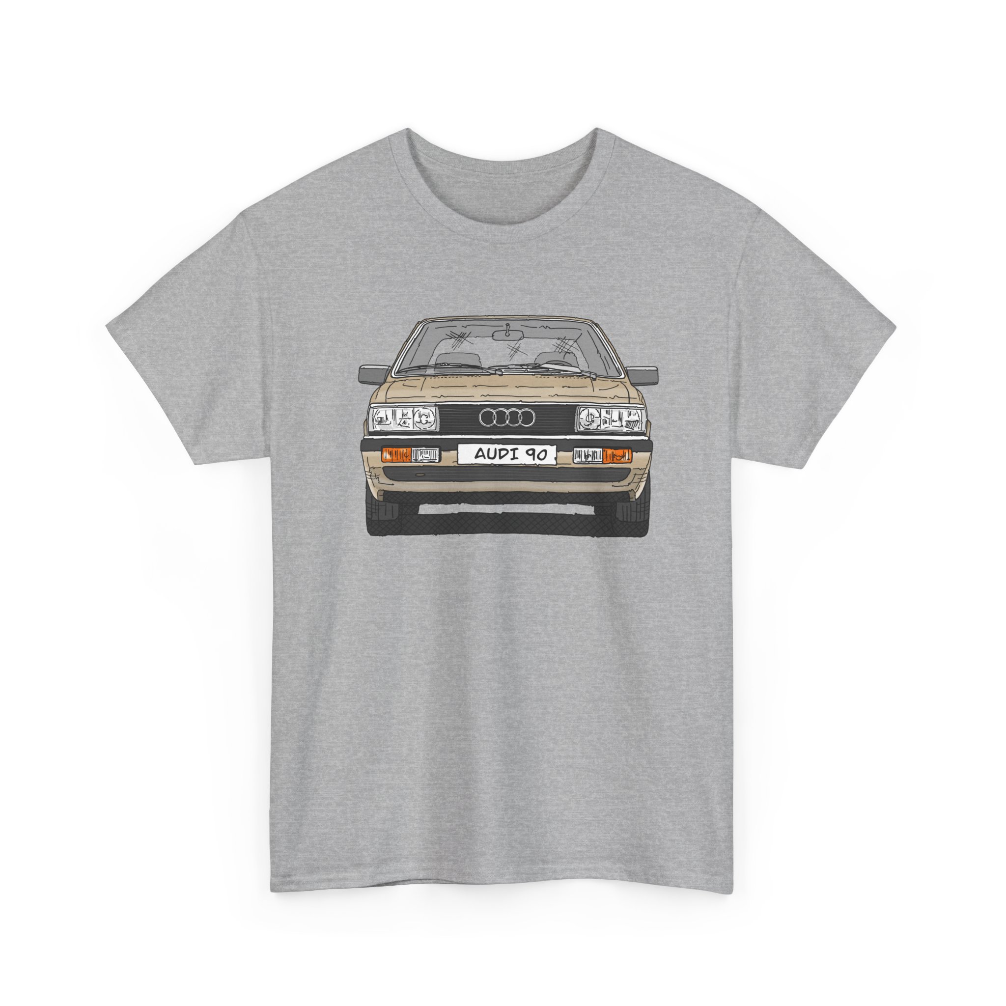 T-Shirt, Audi 90 B2, Strichzeichnung, Kalaharibeige, mit Kennzeichen personalisierbar
