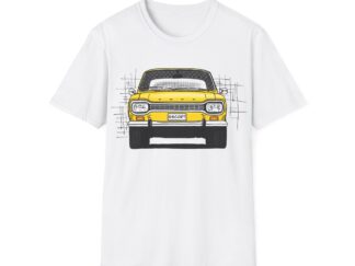 T-Shirt, Ford Escort, Hundeknochen, Strichzeichnung, Gelb, personalisierbar