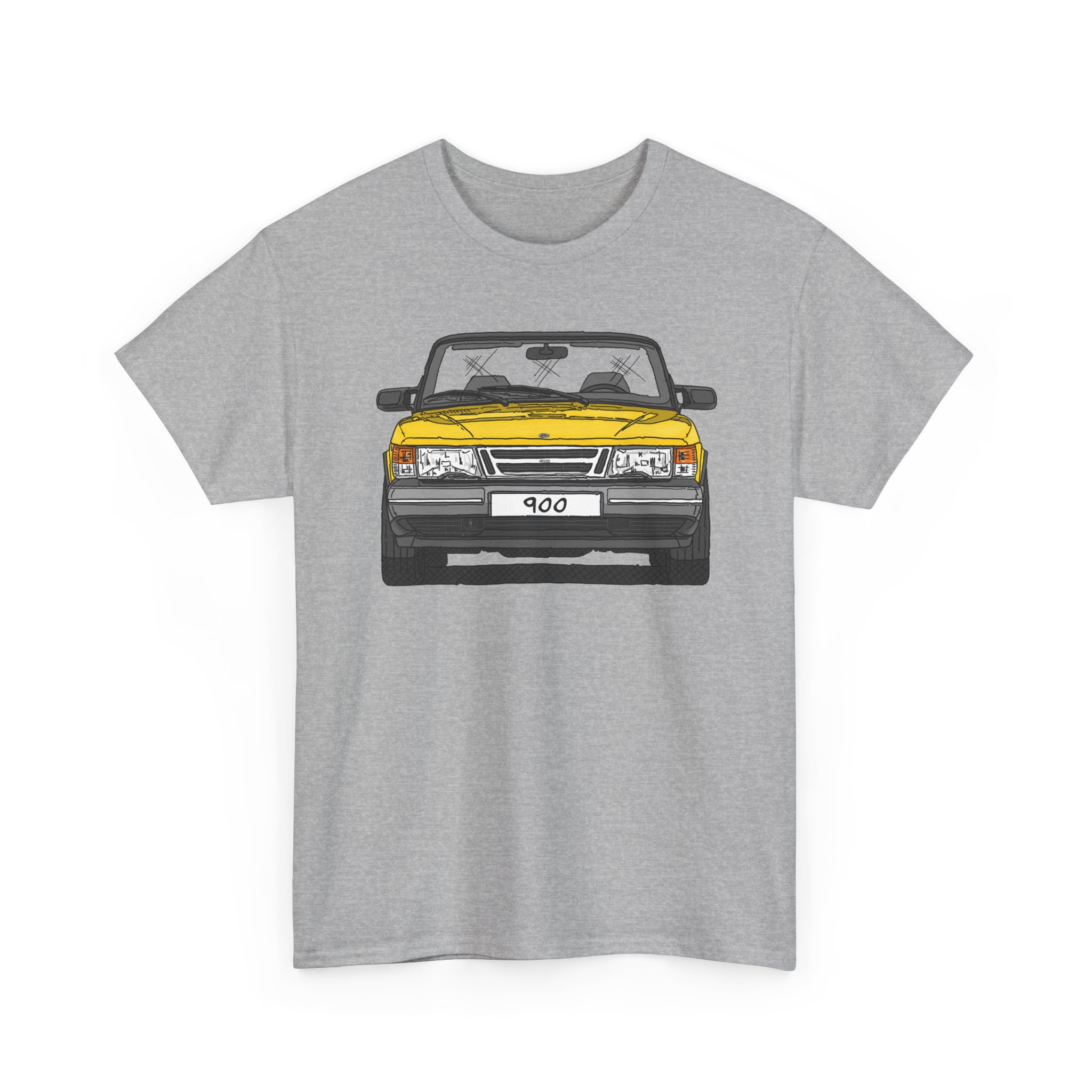 T-Shirt, Saab 900 Cabrio, Strichzeichnung, Gelb, eigenes Kennzeichen möglich