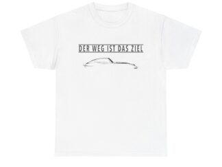 T-Shirt, Jaguar E-Type Coupe, Text DER WEG IST DAS ZIEL, Schwarze Schrift