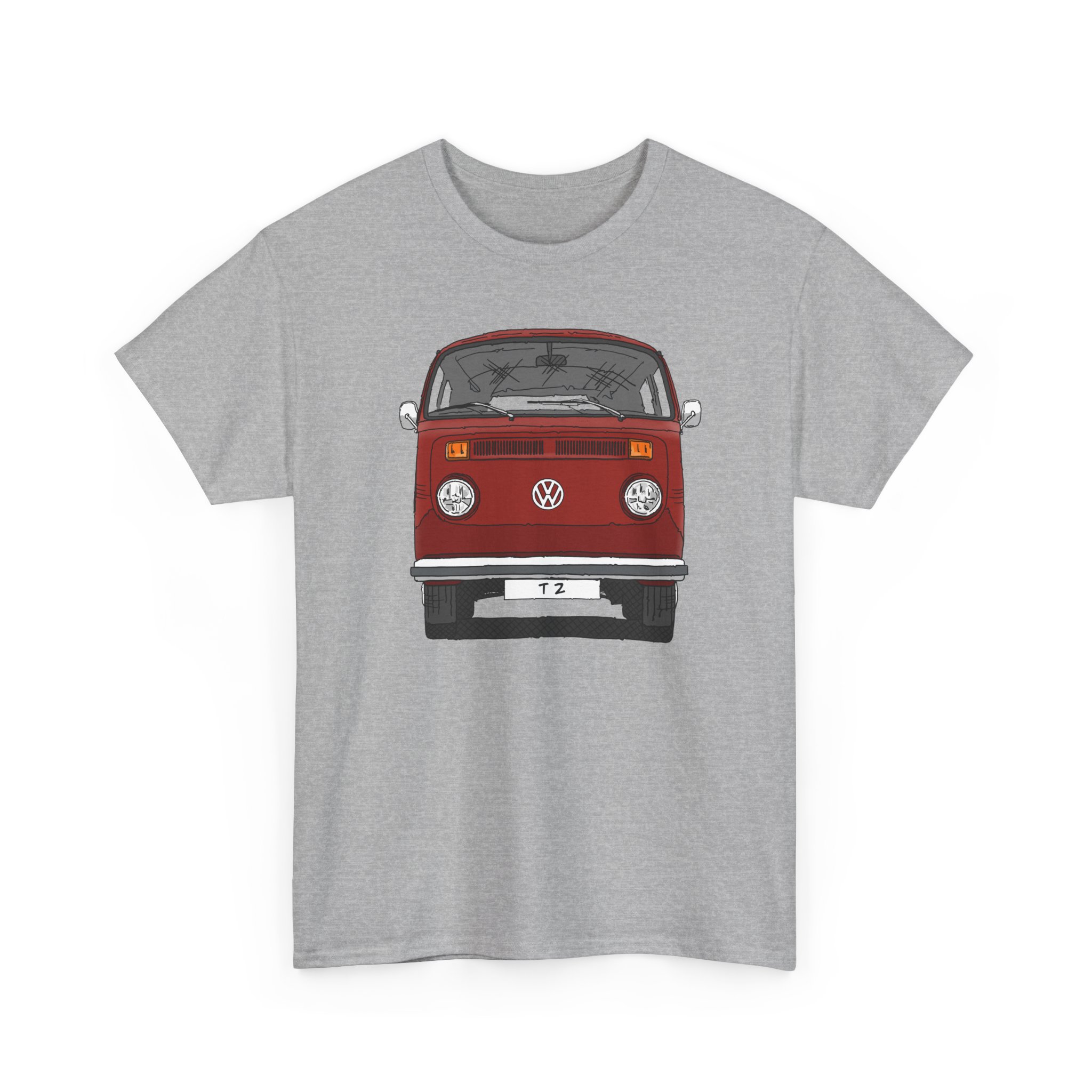 T-Shirt, VW T2, T2b, Bulli, VW Bus, Strichzeichnung, Rot, Wunsch-Kennzeichen möglich