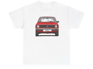 T-Shirt, VW Polo I Facelift, Typ 86, Strichzeichnung, Rot, mit Kennzeichen personalisierbar