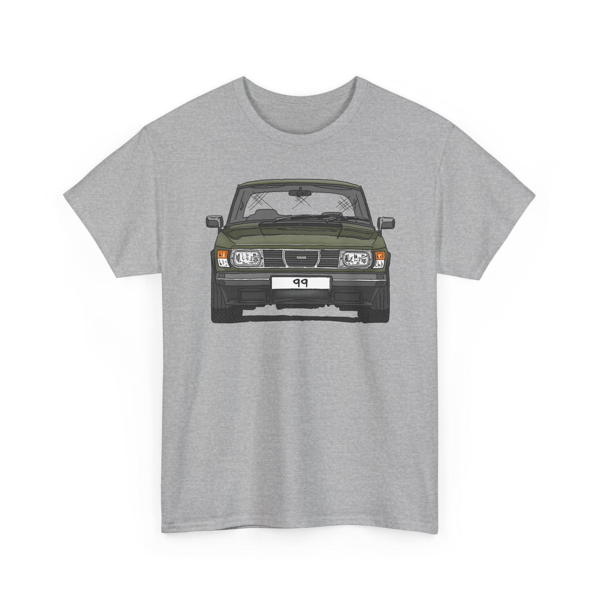 T-Shirt, Saab 99, Strichzeichnung, Grün, eigenes Kennzeichen möglich
