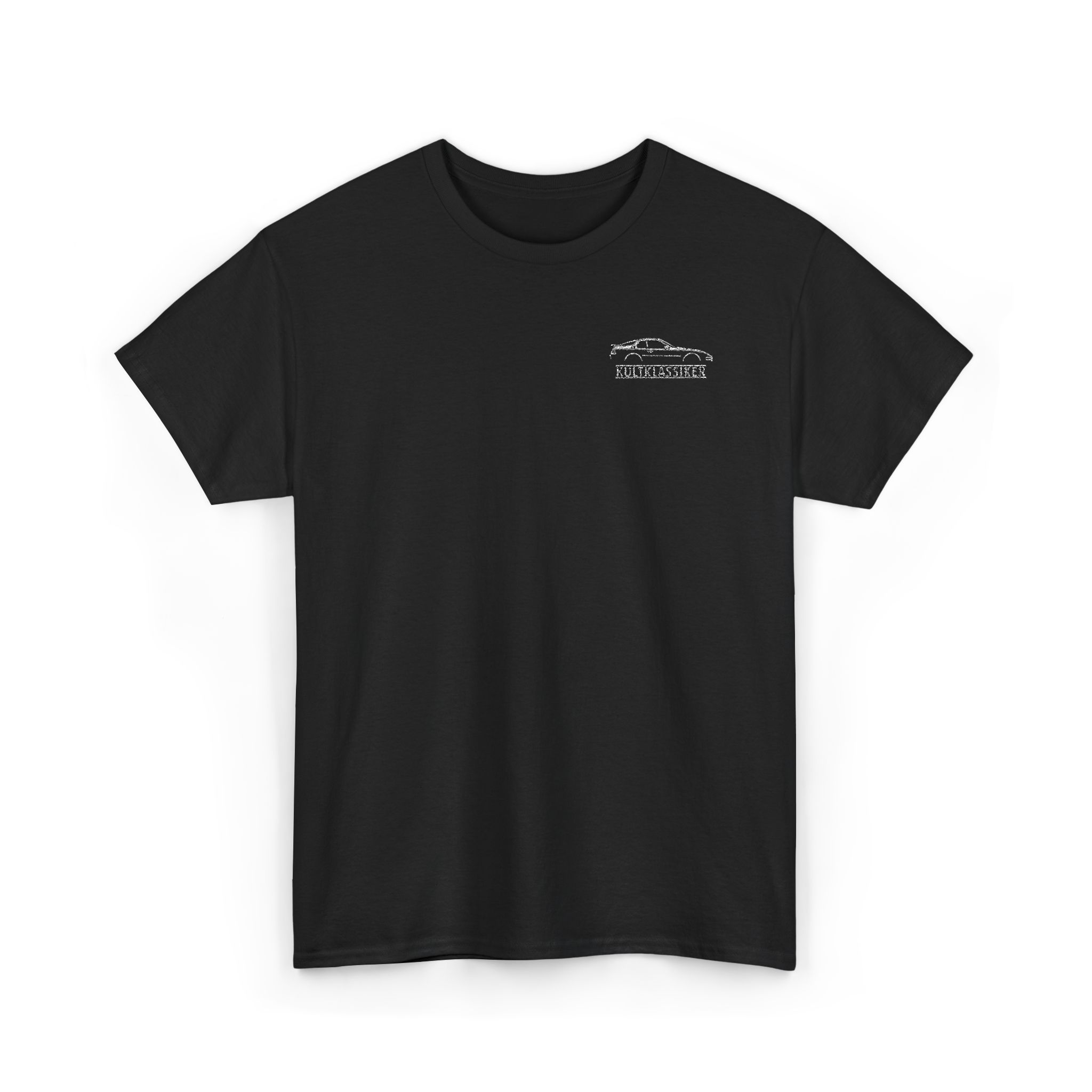 T-Shirt, Stickerei links, Porsche 968 Coupe, Text KULTKLASSIKER, Weiße Schrift